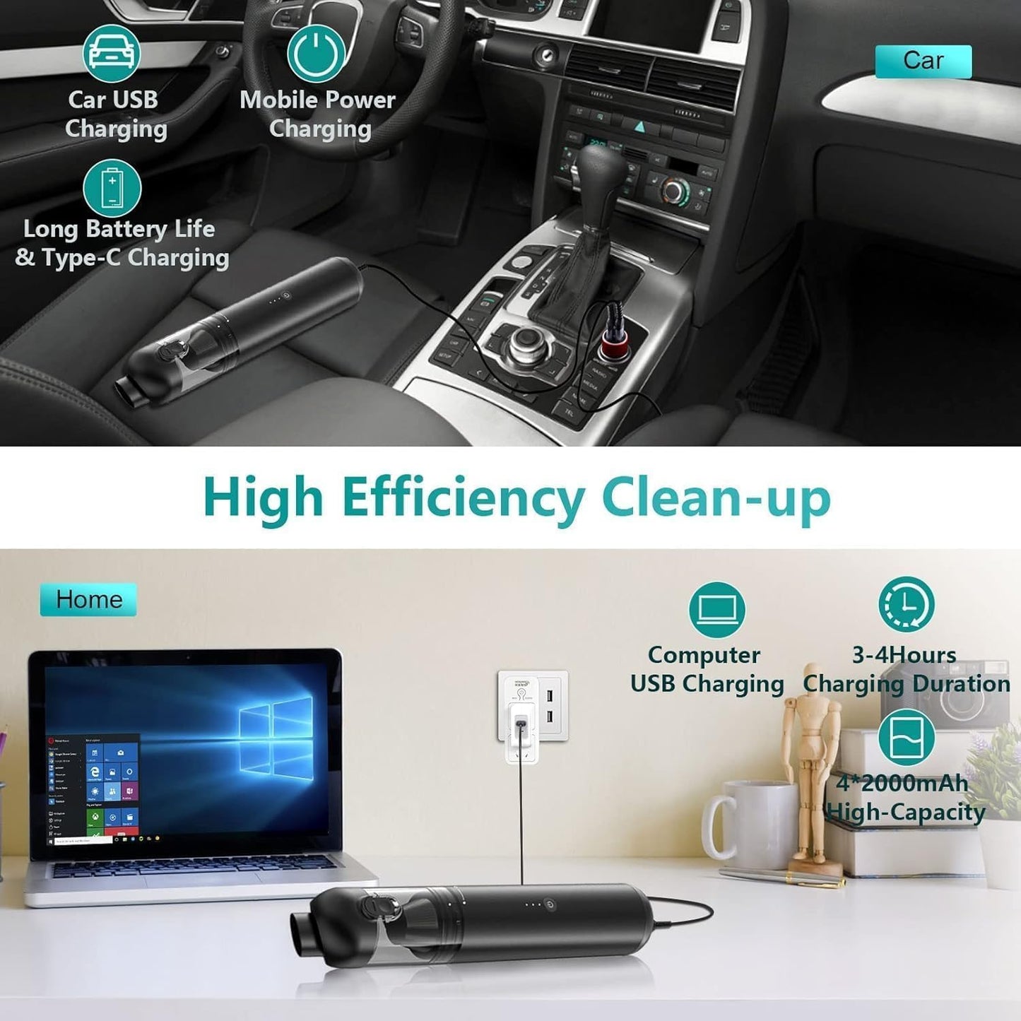 Car Vacuum Portable Cordless, 4-in-1 Handheld Vacuums Cordless, 16,000PA Strong Suction Portable Vacuum for Car, One-touch to Empty, Lightweight Air Dust Buster for Travel, Office, Pet Hair & Home