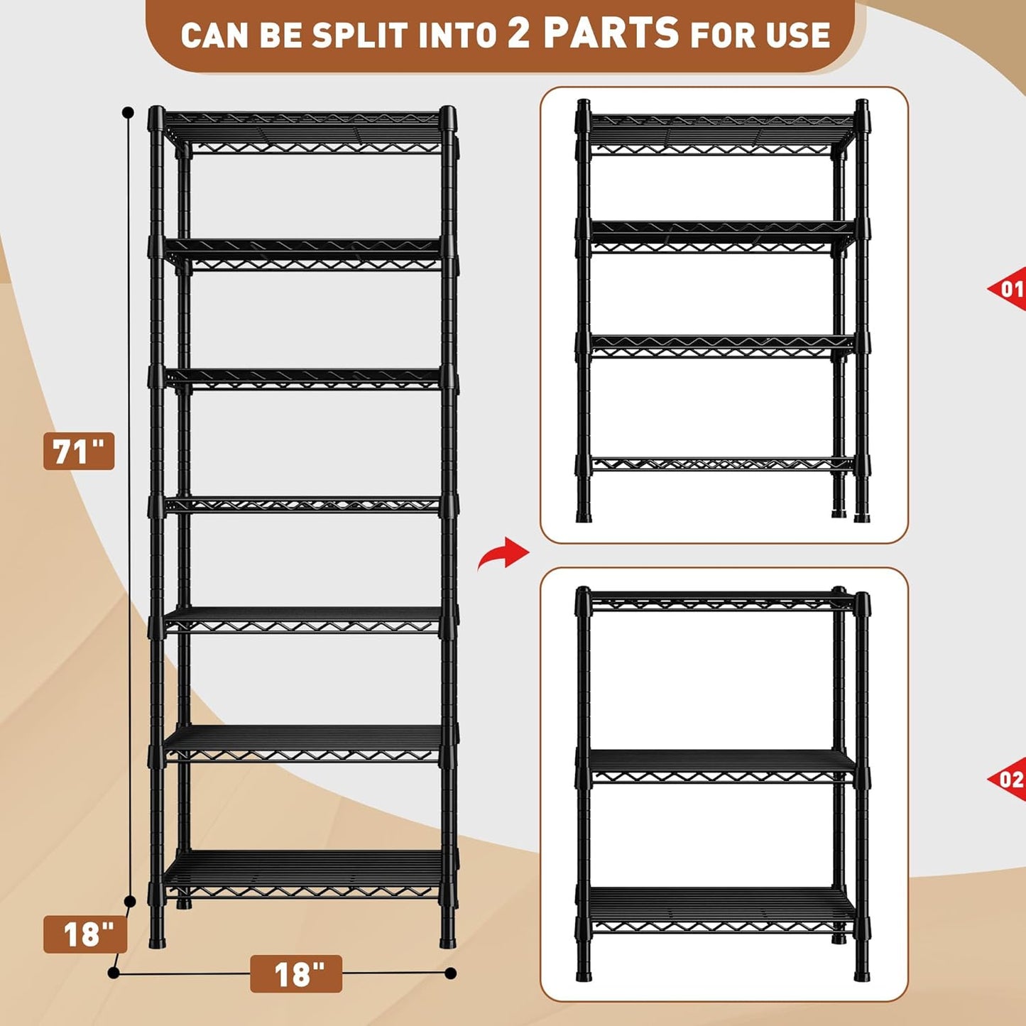 REIBII 7-Tier Metal Shelving Unit, 71’’H x 18’’W x 18’’D, 1176 LBS Weight Capacity, Adjustable Garage Shelving for Storage, Heavy Duty Shelves for Kitchen, Living Room, Bathroom etc.