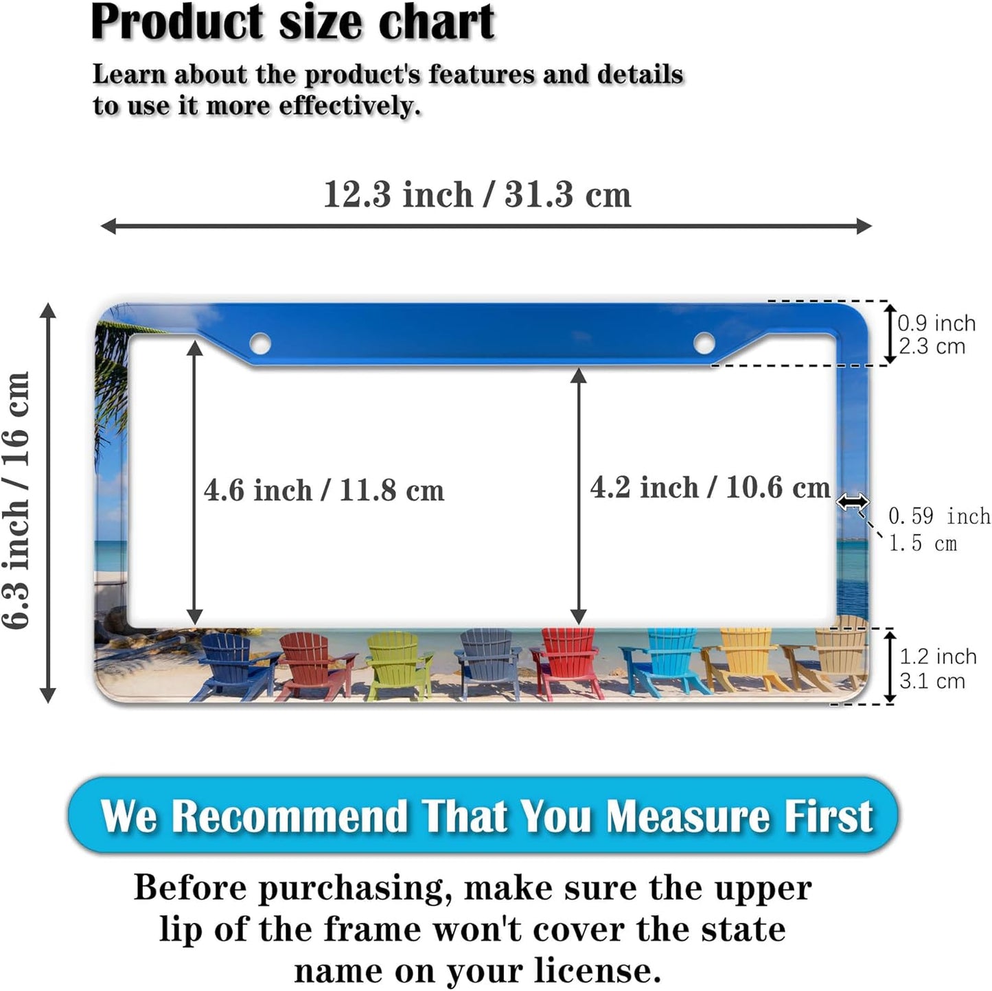 License Plate Frames License Plate Frame Beach Loungers Colorful Chairs in Tropical Summer Palm Tree Aluminum Metal Car Accessory 2 Pack with Screw Covers Set