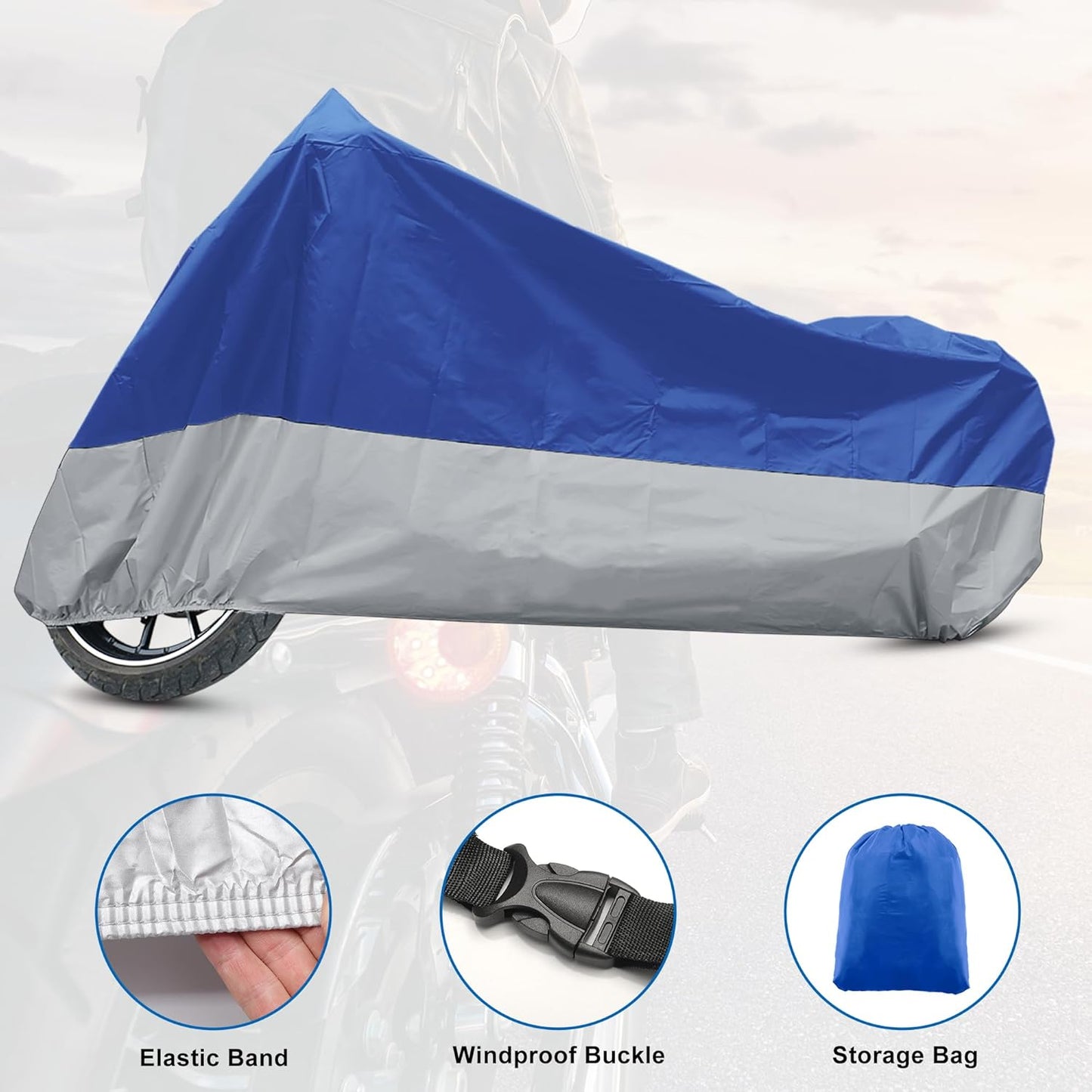 X AUTOHAUX Motorcycle Cover for Harley Davidson for Honda for Suzuki All Season Waterproof Sun Outdoor Protection Motorbike Cover Fits Up to 86.61'' Motorcycles Cover L Blue Silver Tone
