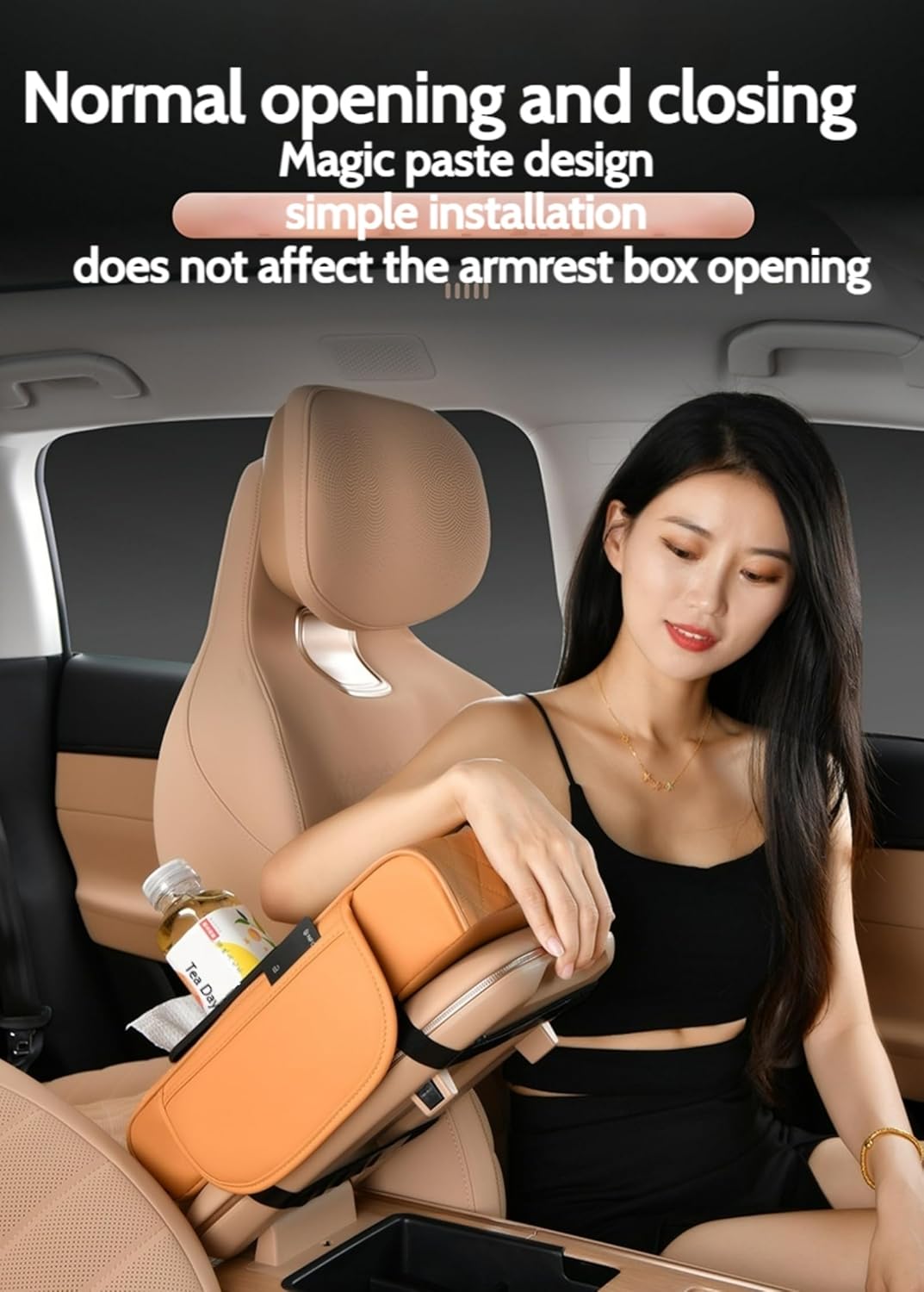 Car Center Console Cover Booster Multifunctional Car Center Console Cushion Pad with Cup Holder & Tissue Box & Side Pockets Arm Rest Cover for Car, Embossed, Black