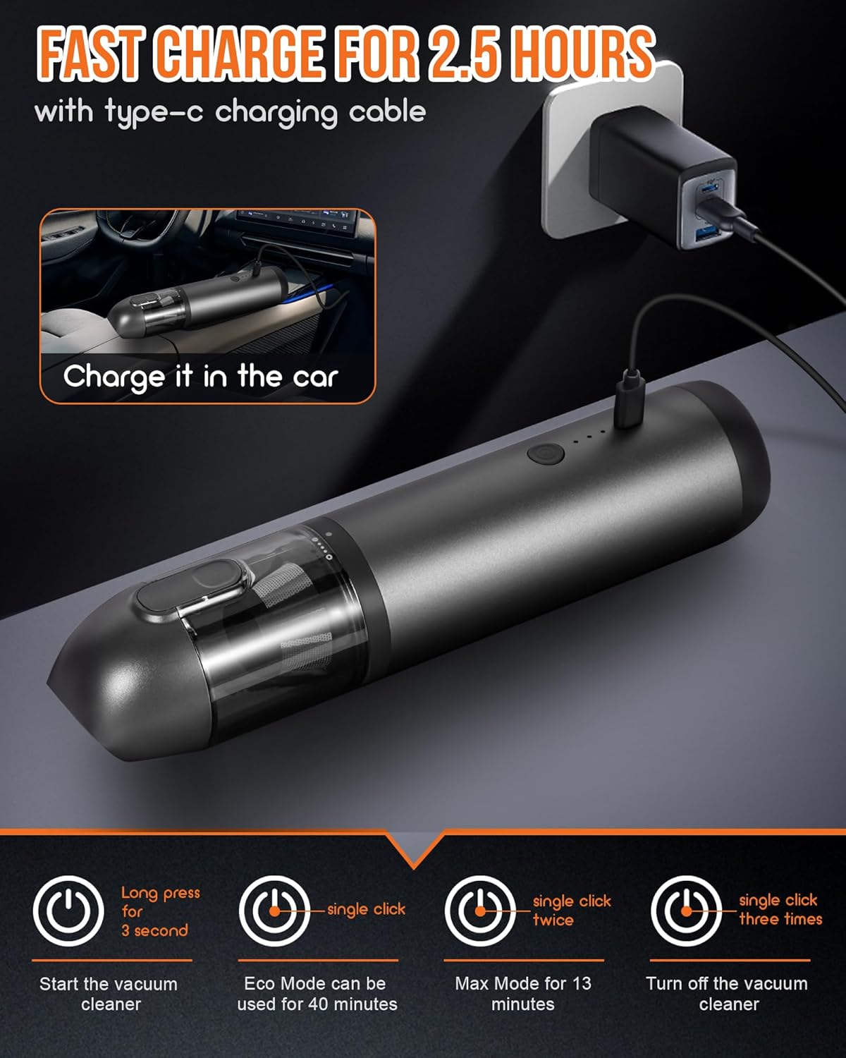Car Vacuum, Aluminum Alloy V8 Handheld Vacuum Portable, Durable Cordless Vacuum with 16000PA Suction Power, Easy to Clean, Vaccum for Car, Office Desk, Keyboards
