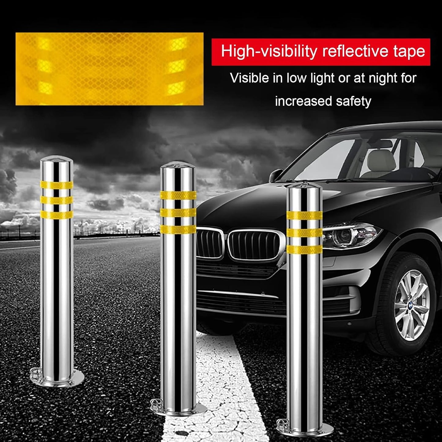 Stainless Steel Parking Bollards for Driveway, Industrial Safety Bollards Reflective Channelizer Post, Parking Barrier, Sturdy and Durable, Easy to Install, for Crowd Control(Silver (1pcs),7.6*75cm/3*