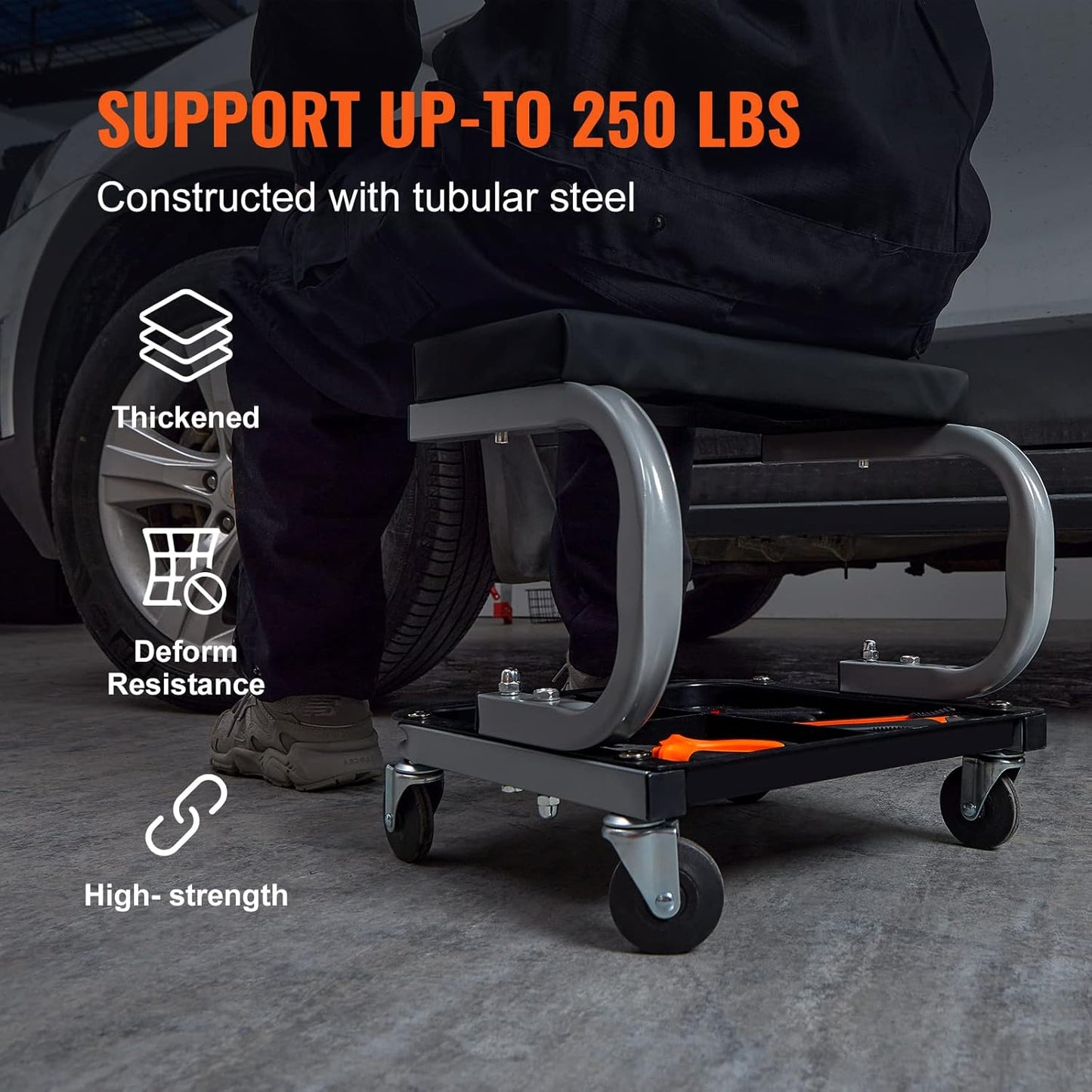 VEVOR Rolling Creeper Garage/Shop Seat, 250 LBS Capacity Padded Rolling Workshop Stool with Tool Tray Storage, Mechanic Stool for Garage, Shop, Auto Repair, Black