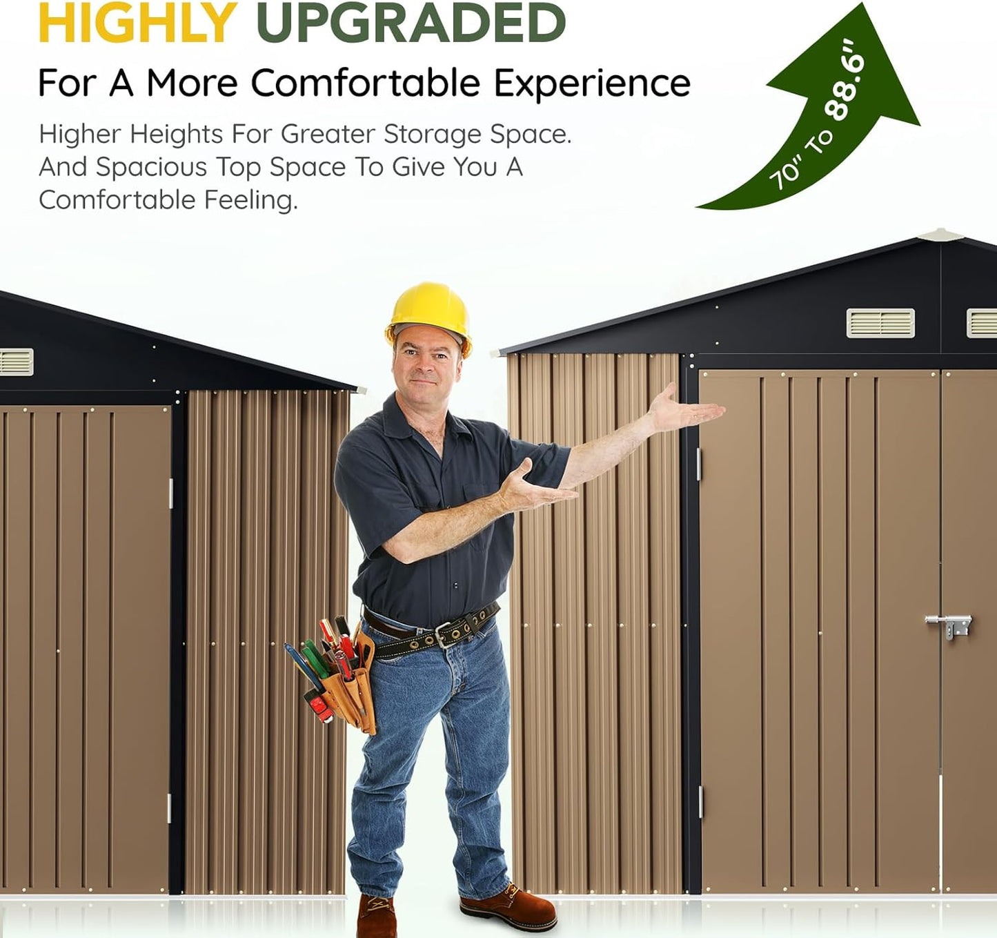 Breezz Outdoor Storage Shed 10 x 10ft. Utility Tool Shed Metal Storage Garden Shed with Lockable Doors, Windows & Metal Frame Floor for Patio Storage,Brown