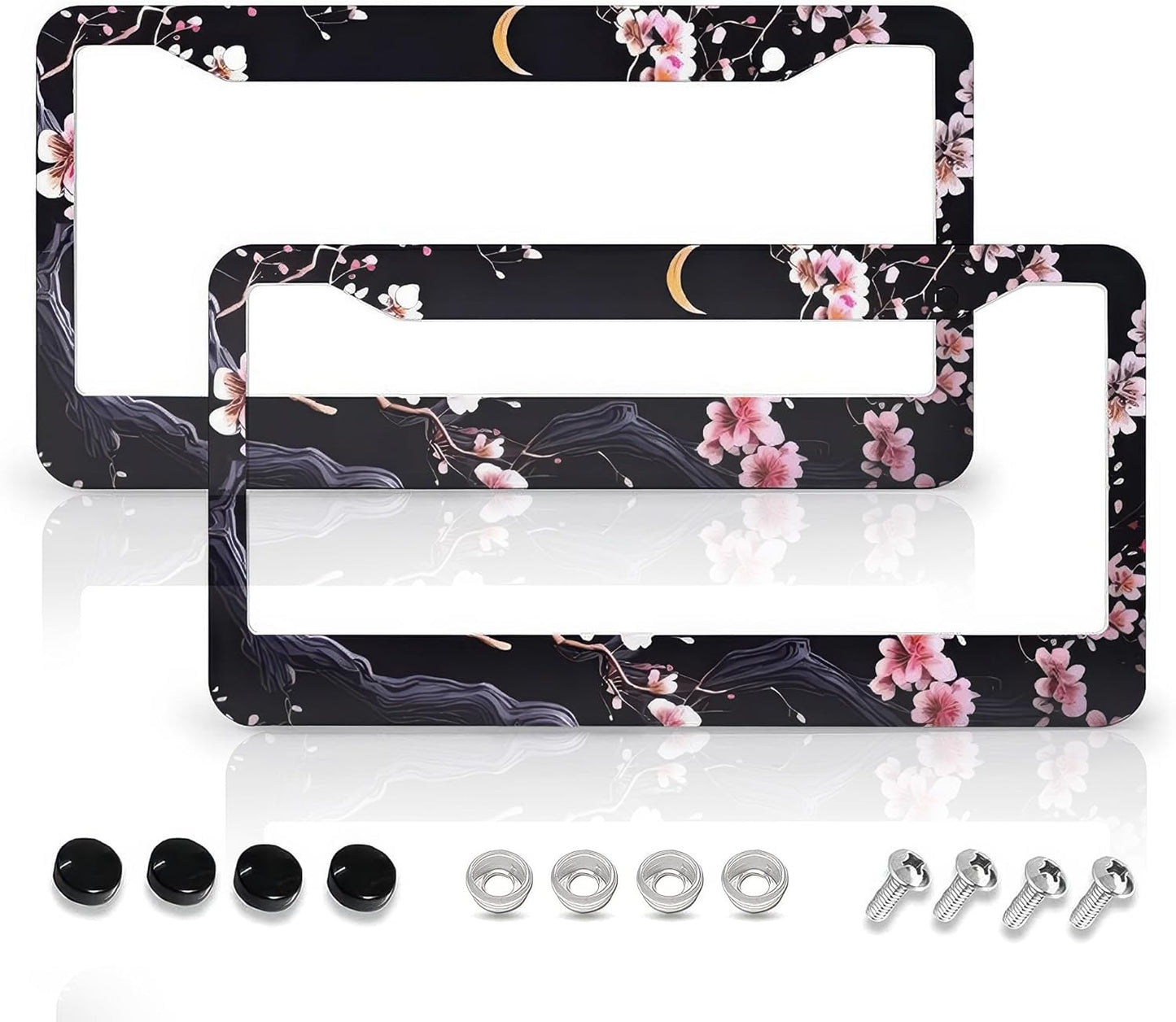 Flowers Plum Blossom Moon License Plate Frames - 2 Pcs Set 2 Holes Metal Aluminum Auto Car Accessories Decoration License Plate Frame 12.2 x 6.3 inch for Women Men Gift