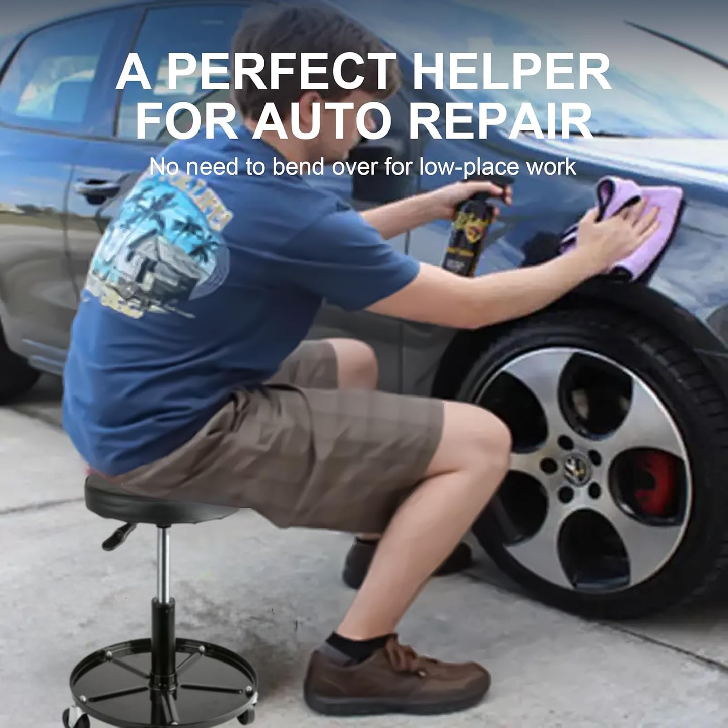 Aain Heavy Duty Adjustable Rolling Seat, with Tool Tray, 5pcs Casters, 15.3" to 20.2"