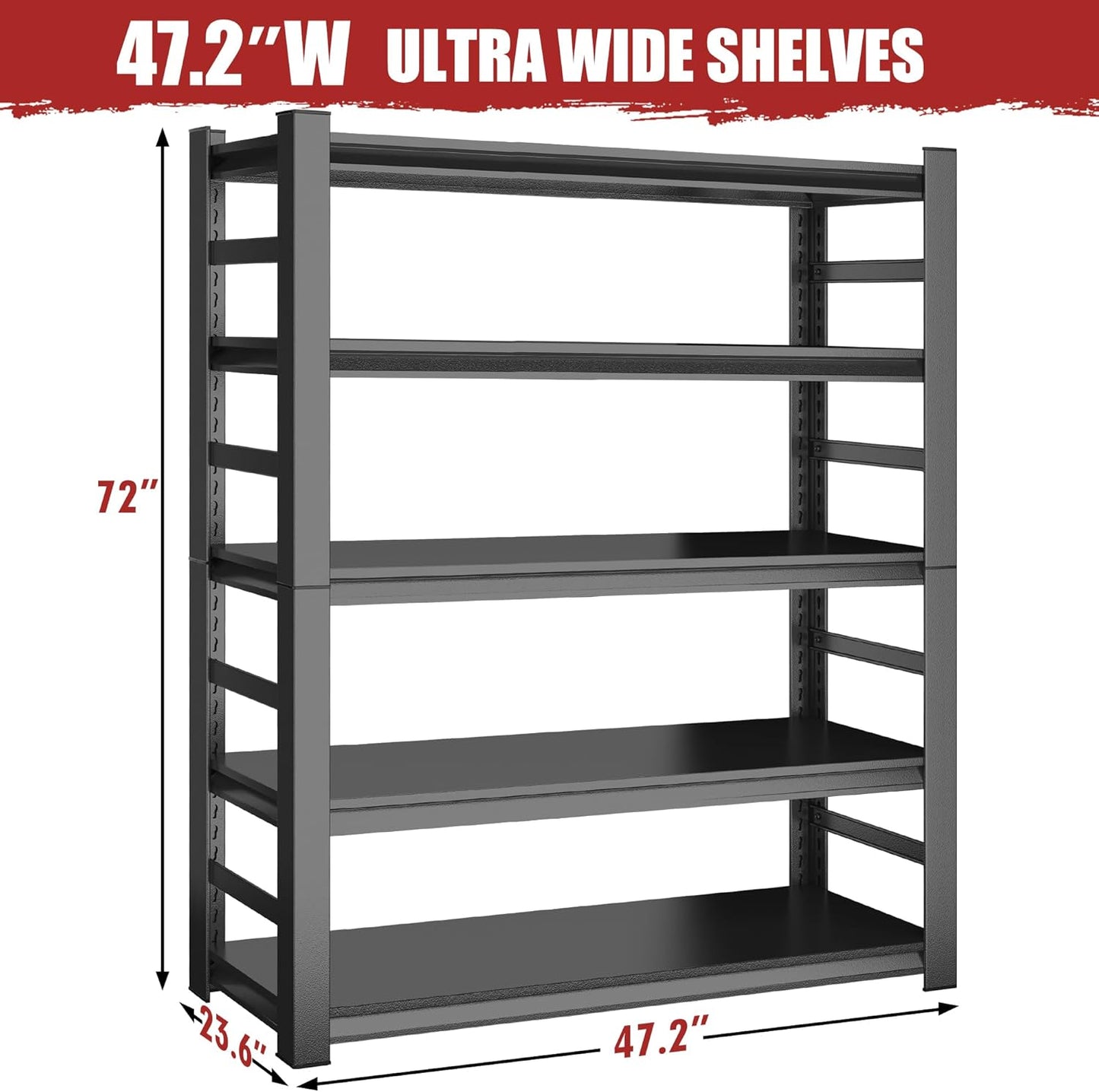 72''H Garage Shelving Heavy Duty Shelving Units, 4000LBS Ultra-Large Capacity Adjustable 5 Tier Metal Storage Shelves for Kitchen, Warehouse and Basement, 47.2''Wx23.6''Dx72''H, Black