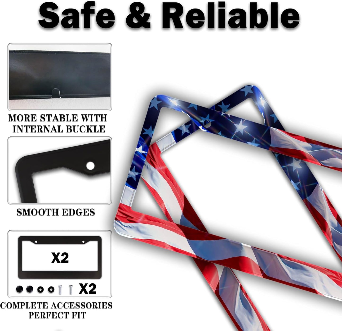 License Plate Frames for Men Multicolor Car Plate Frame for Women American Flag Aluminum Metal Car Accessory 2 Pack with Screw Covers Set