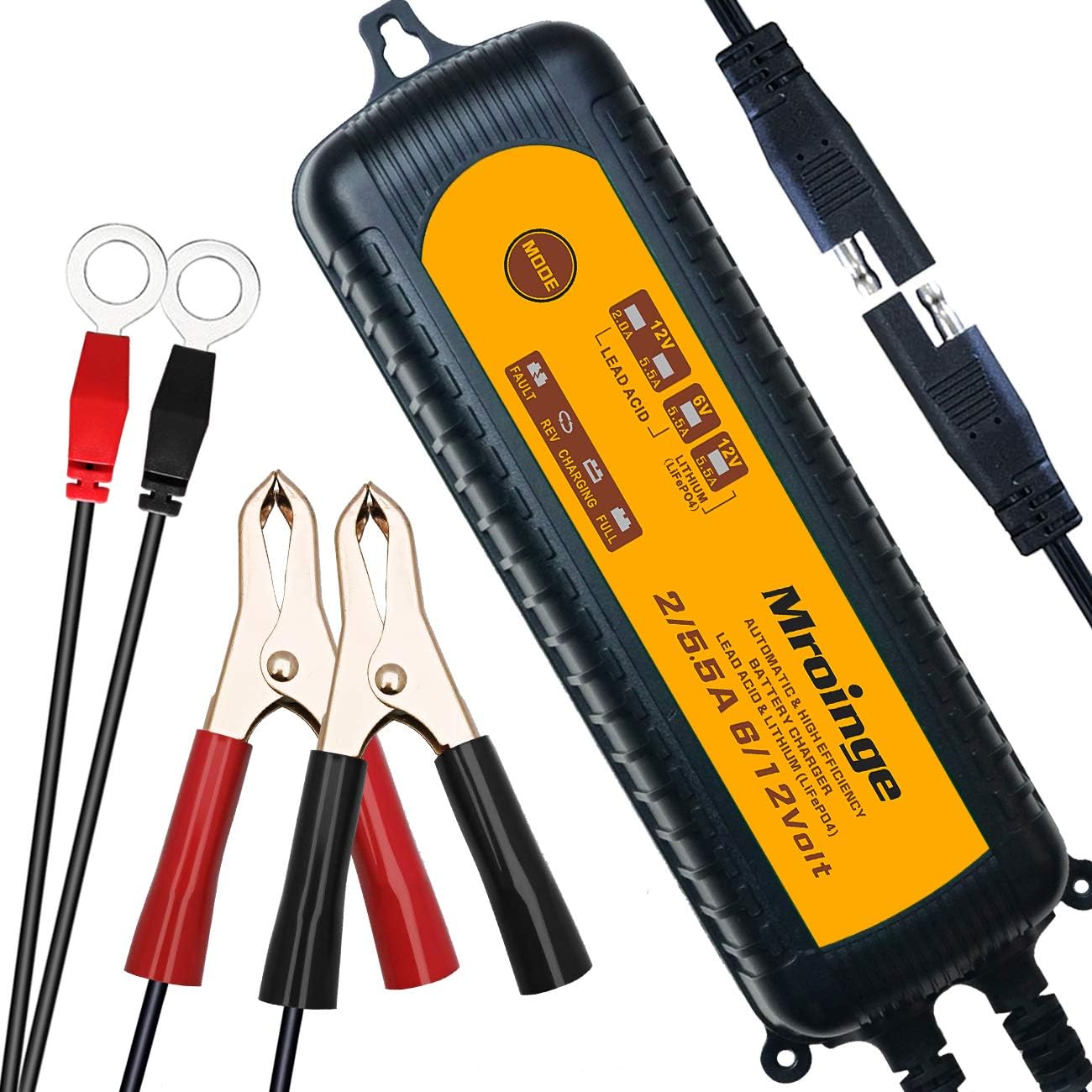 MBC055, 6V/12V 5.5A Smart Vehicle Battery Charger Maintainer for Cars Motorcycles RVs TVs Boat for Normal Lead Acid Gel AGM Sealed Wet or 12V-Lithium(LiFePO4) Batteries, with IP65 Waterproof