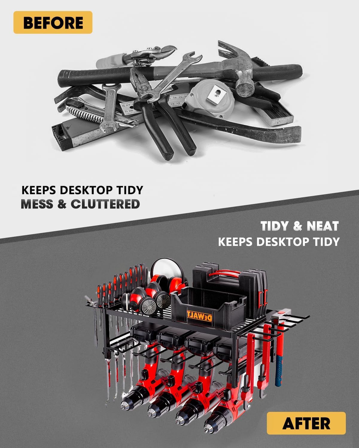 Power Tool Organizer, Garage shelving 2 Layers Garage Tool Organizers 4 Drill Holder Wall Mount, and Heavy Duty Metal Tool Shelf with Screwdriver Holder/Plier Holder/Hammer Holder (Black, 2 Layer)