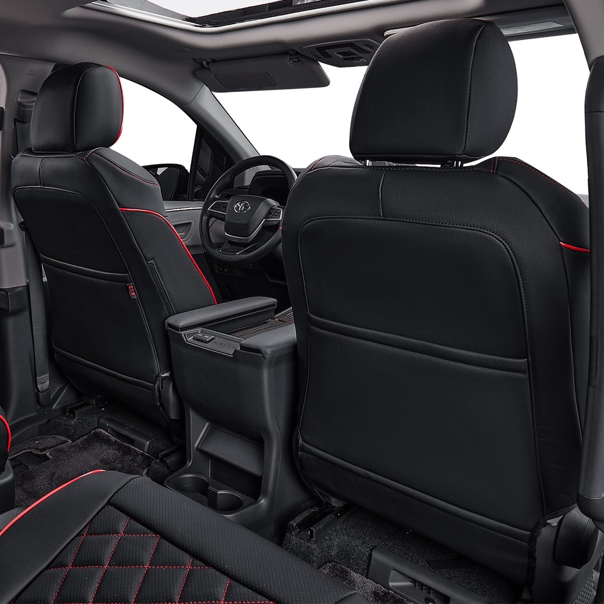 EKR Sienna Seat Covers for 2011-2020 Toyota Sienna LE,XLE, SE,XLE Premium 2nd Row 4/2/4 Split,8 Seats,Waterproof Car Seat Cover Full Set,Car Seat Protectors- Three Row,Leather(Black with Red Piping)