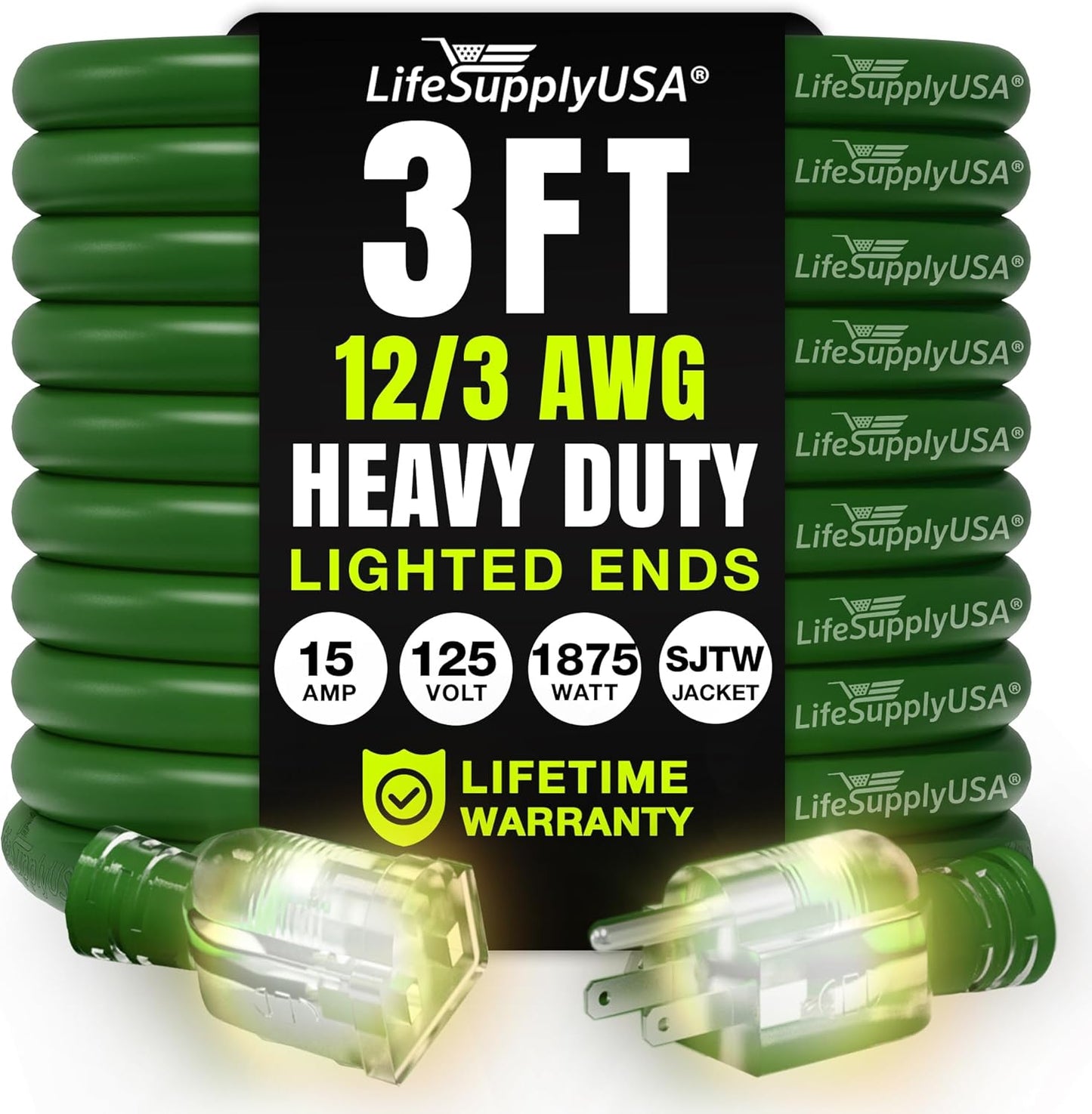 3ft Outdoor/Indoor Extension Cord 12/3 Gauge Extra Heavy Duty 3 Prong SJTW, Waterproof, Flexible Cold-Resistant Long Power Cord,15A 125V 1875W, Green by LifeSupplyUSA
