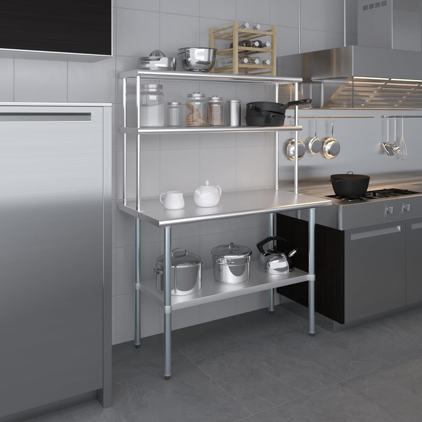 Amgood Stainless Steel Work Table Wide Double Tier Overshelf | NSF | Metal Kitchen Prep Table & Shelving Combo (24" x 48" Work Table + 12" Overshelf)