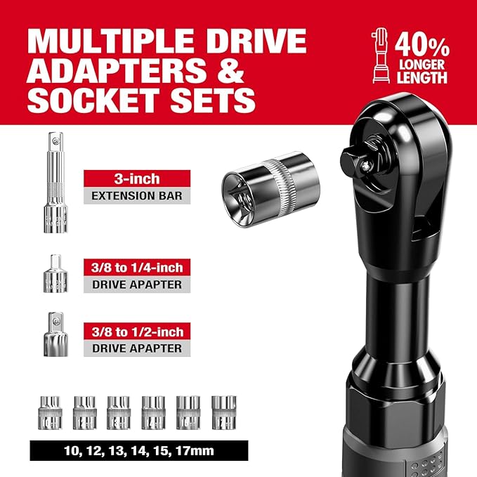 Alloyman 3/8" Cordless Ratchet Wrench Set, 60FT-LBS(80N.m) Electric Ratchet, 12V Extended Power Socket Wrench Set with Variable Speed, 6 Sockets, LED Light, 1/4" Adapter,1/2" Adapter,2 Batteries