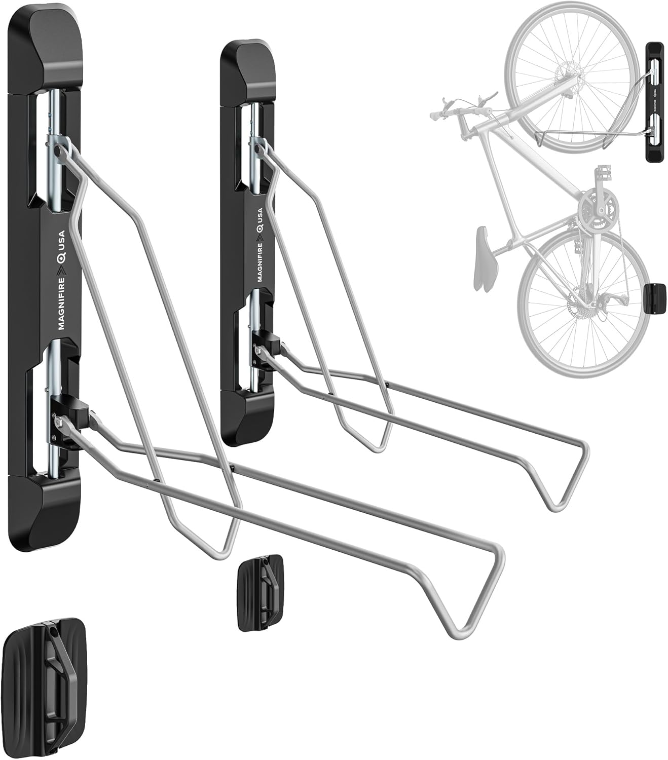 Bicycle Rack for Garage and Indoor Use, Adjustable, Foldable Bike Rack Set of 2 - Wall Mount for Road, Hybrid, Small Mountain, BMX Bikes - Secure and Space Saving Bike Storage (2 Pack)