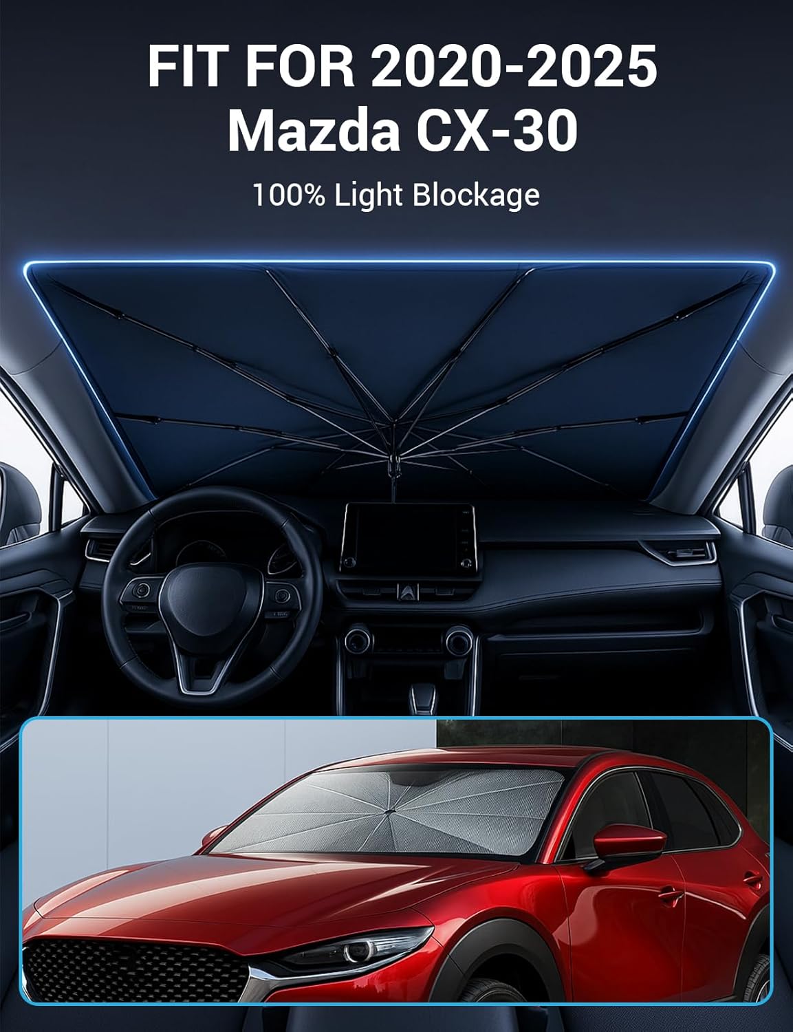 Proadsy Windshield Sun Shade Umbrella for Mazda CX-30 2020-2025 2026 Foldable Car Umbrella Sunshade with Soft TPU Handle Spring Structure Crystal Cooling Material Protect Car from Rays & Heat