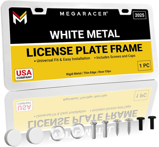 Premium Slim Sleek White License Plate Frame – 1 Pack, Rust-Free & Rattle-Free Stainless Steel, Street Legal, Universal with Screw Covers, Thin Edged Metal Front or Rear Car Tag Holder for Men & Women