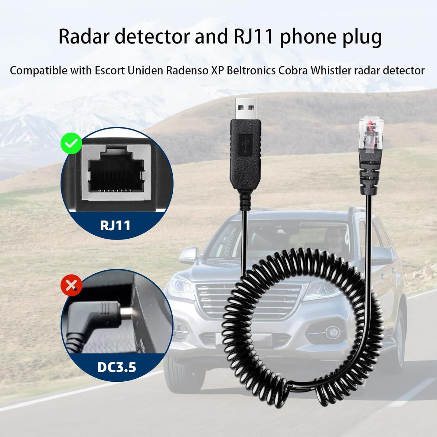 Radar Detector Colied Cable with USB to RJ11 Plug Cable 5V-12V Power Cable Compatible with Escort Uniden Radenso XP Beltronics Cobra Whistler 9.8FT Powered for 12V Radar Detectors