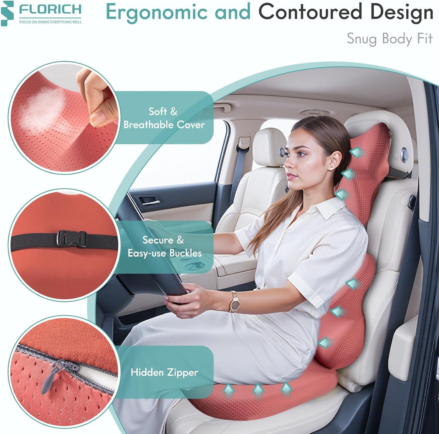 FLORICH Car Seat Cushion and Lumbar Support Pillow for Office Chair Car, Neck Headrest Pillow, Ergonomic Memory Foam, Pressure-Relieving Back Support for Car, Office Chair & Wheelchair – Red