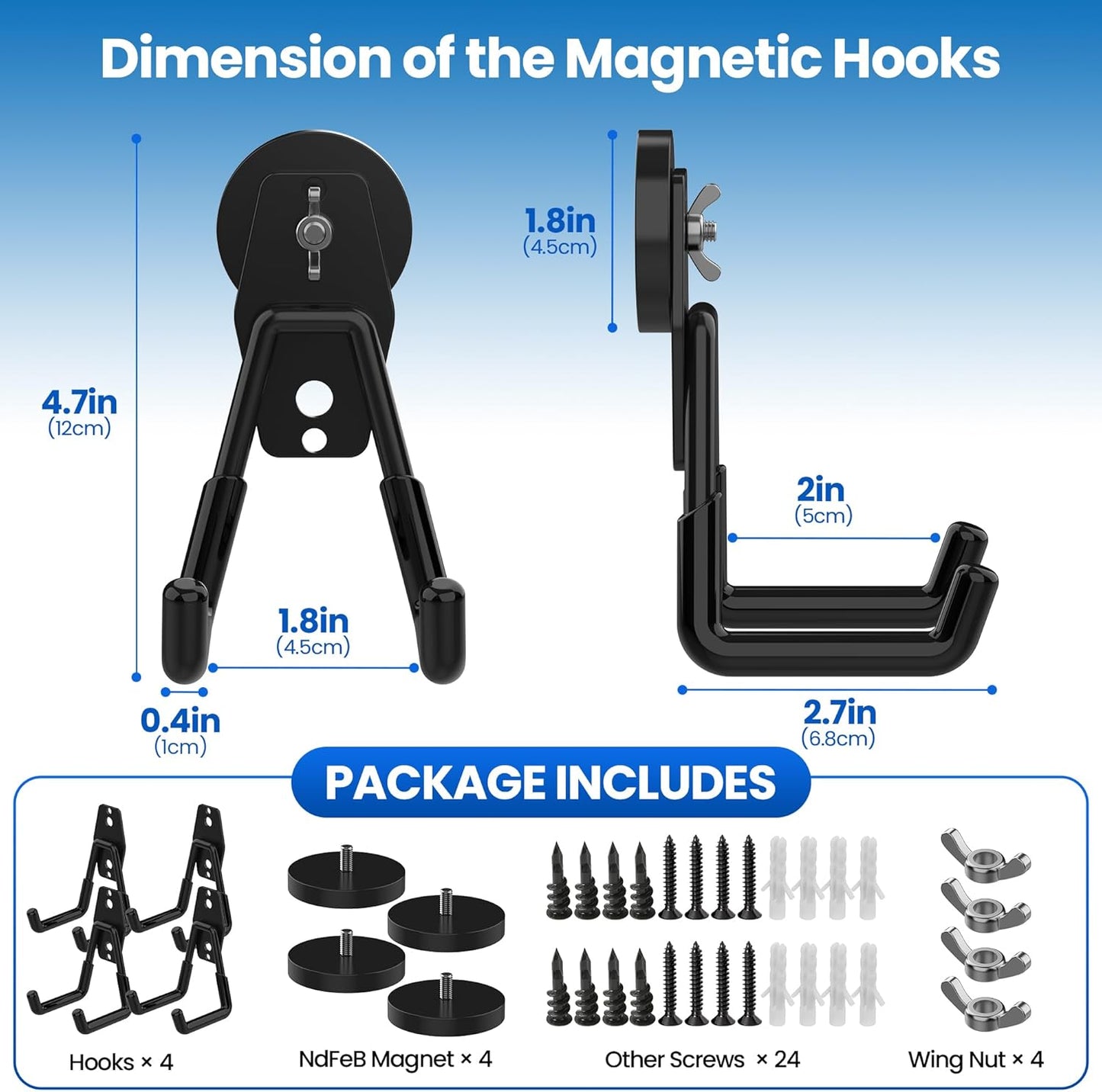 4 Pack Large Magnetic Hooks Heavy Duty Extra Strong Magnetic Garage Hooks Big NdFeB Industrial Magnet Hooks Magnetic Utility Storage Holder Organization with Anti-Slip Coating for Hanging Garden Tool