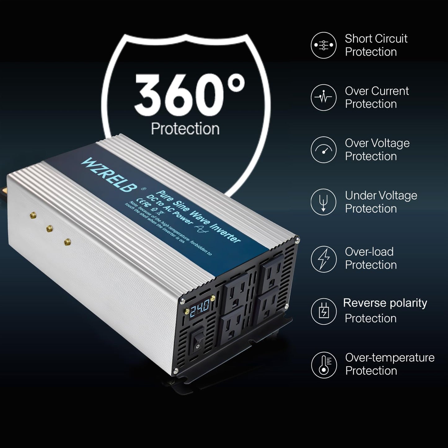 WZRELB 1800W Pure Sine Wave Inverter 24V DC to 110V 120V AC,Car Power Inverter with 4 AC Outlets, LED Display,Off-Grid Portable Power Converter for Home, RV, Truck, Camping