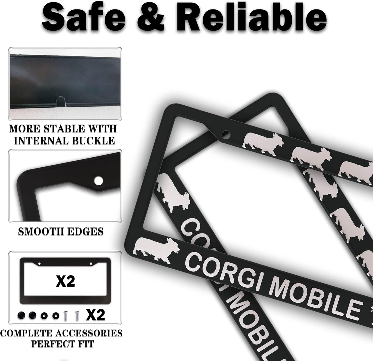 License Plate Frames for Women Black and White License Plate Frame for Men Corgi Mobile Aluminum Metal Car Accessory 2 Pack with Screw Covers Set