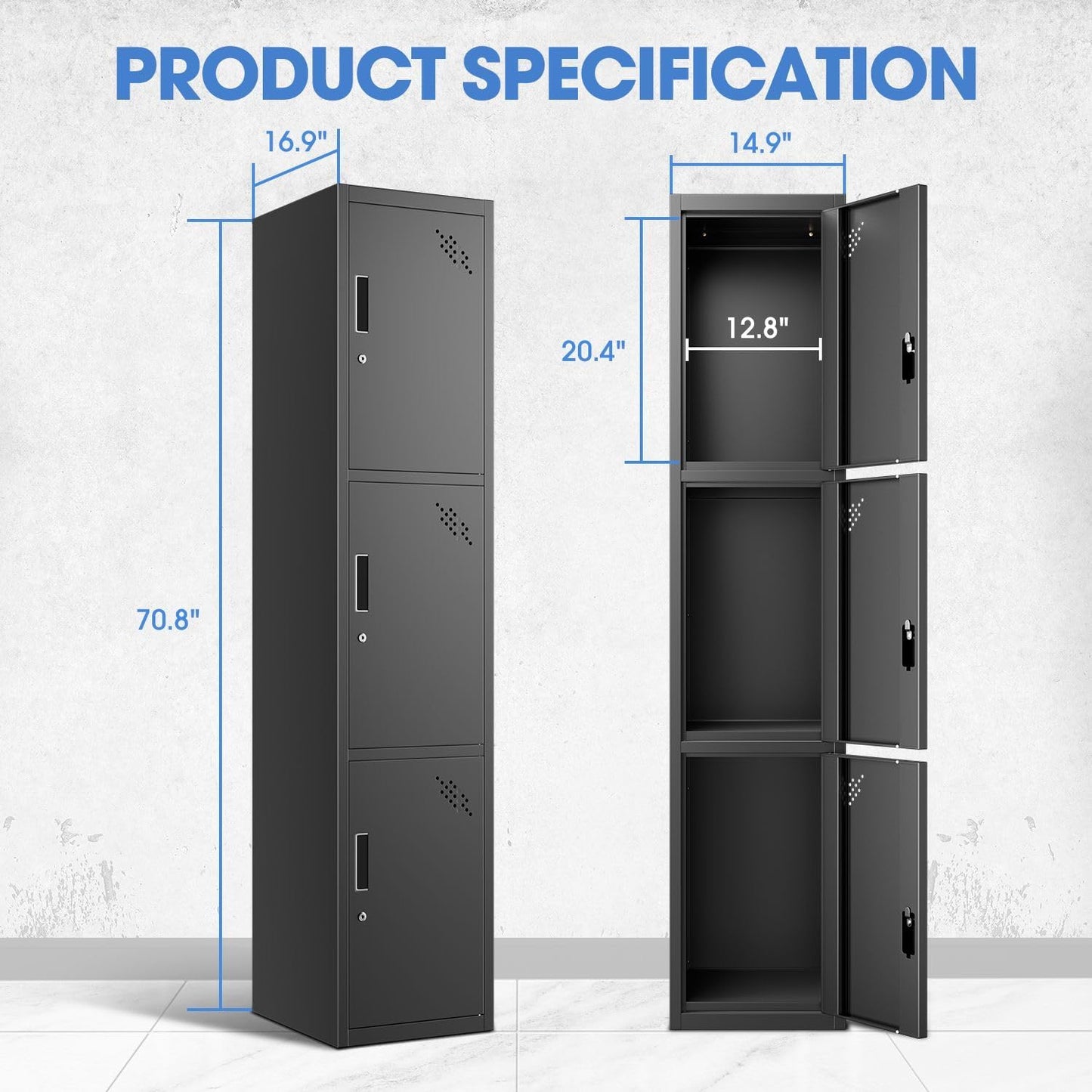 DNA MOTORING Metal Storage Cabinet for Employees with Keys, 71" Employees Metal Locker with 3 Doors, Tall Storage Lockers for Garage,Office,Home,Gym, Black, TOOLS-00789-BK-BK