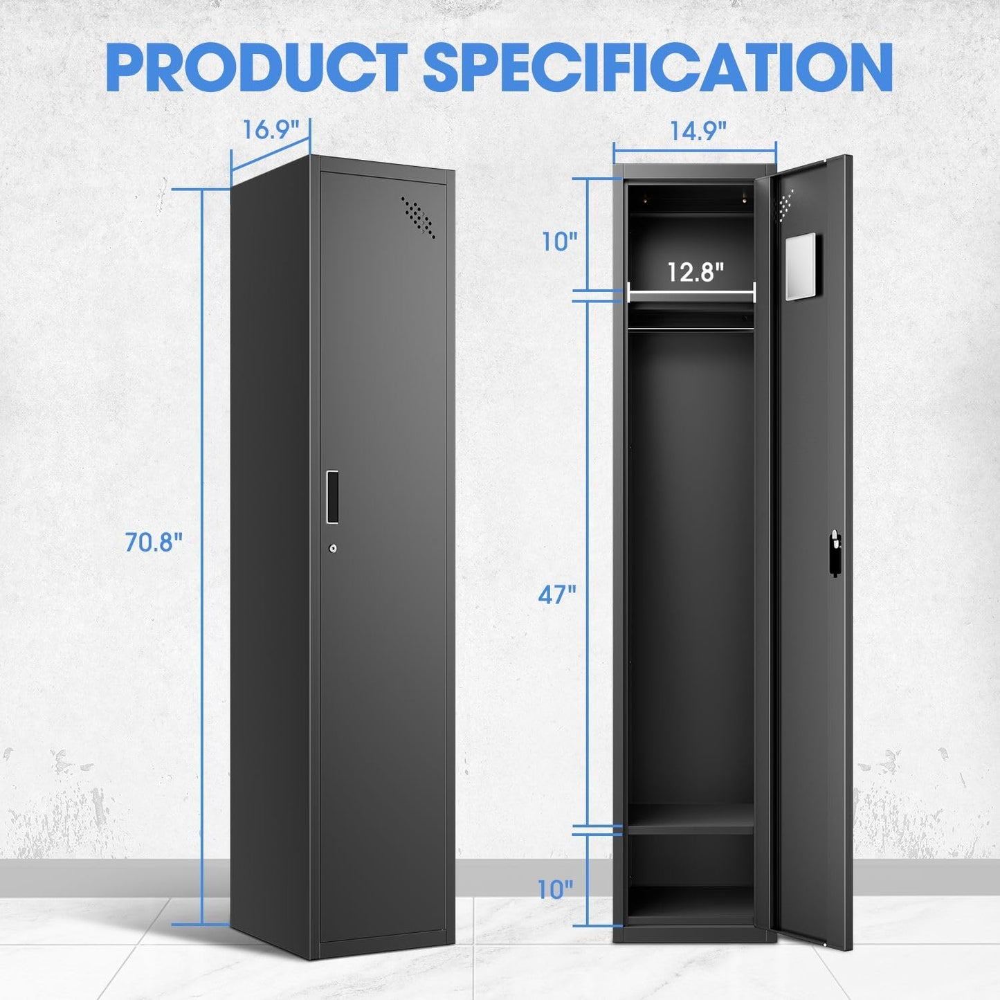 DNA MOTORING Metal Storage Cabinet for Employees with Keys, 71" Employees Metal Locker with 1 Doors, Tall Storage Lockers for Garage,Office,Home,Gym, Black, TOOLS-00787-BK-BK