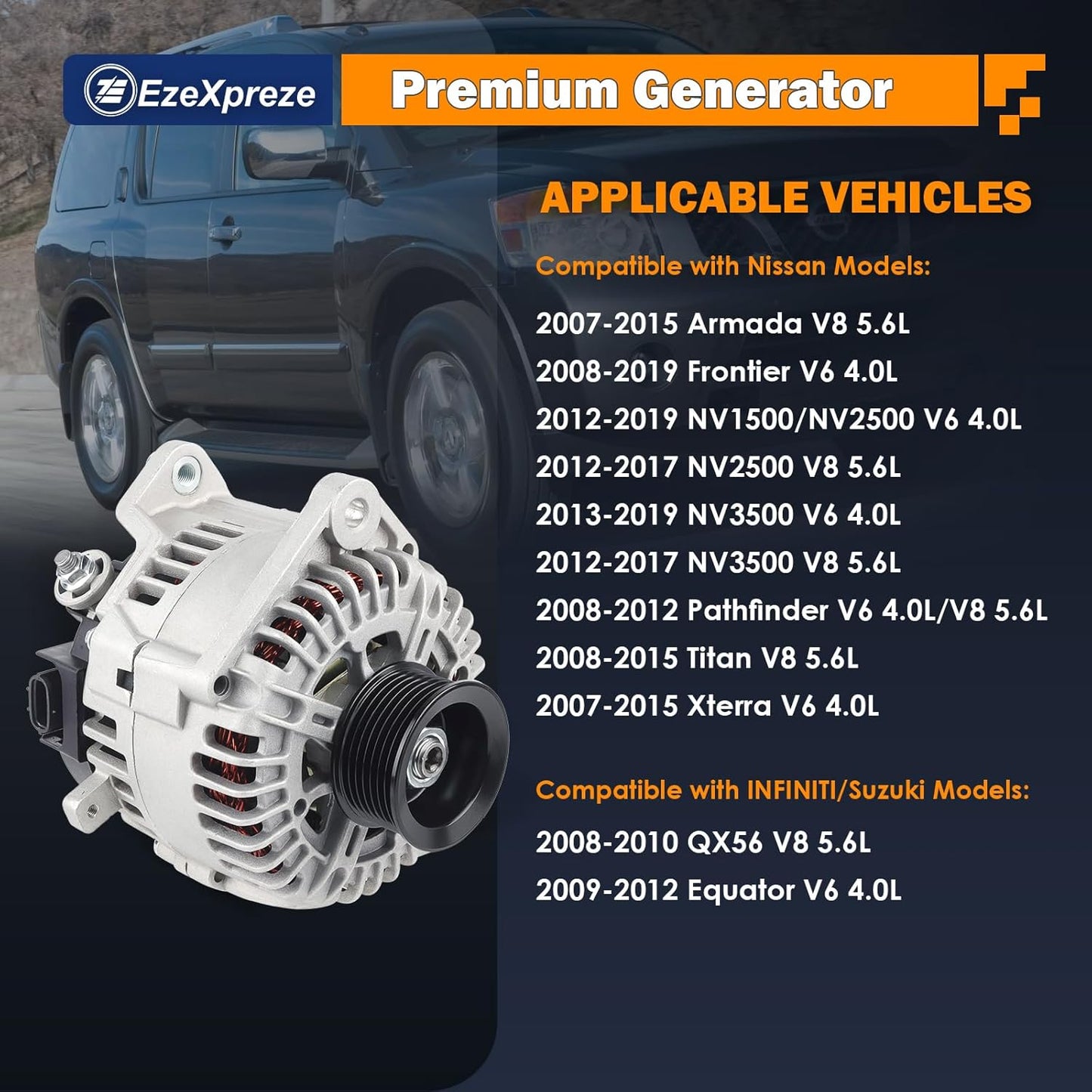 Ezexpreze 11256N Alternator Fit for 2007-2019 Nissan Armada Frontier Pathfinder Titan Xterra, 2008-2010 Infiniti QX56, 2009-2012 Equator, 12V 130A OE#11256 23100-ZH00A 23100-ZH00B TG15C113