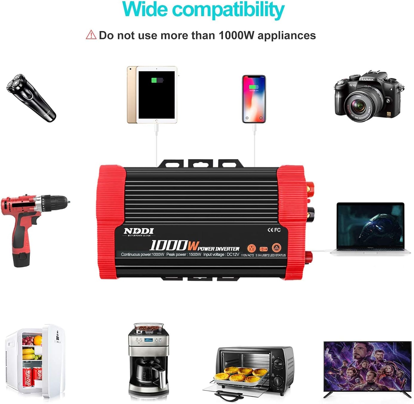 1000W Car Power Inverter, DC 12V to AC 110V Car Inverter with Dual AC Outlets and Dual 3.1A Quick Charging USB Port Car Adapter