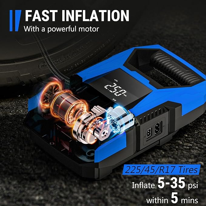 CARSUN AC/DC Tire Inflator Portable Air Compressor, Dual Power for Home 110V AC and Car 12V DC Air Pump with Pressure Gauge, Auto Shutoff, Tire Pump for Car Motorcycle Bike and Other Inflatables, Blue