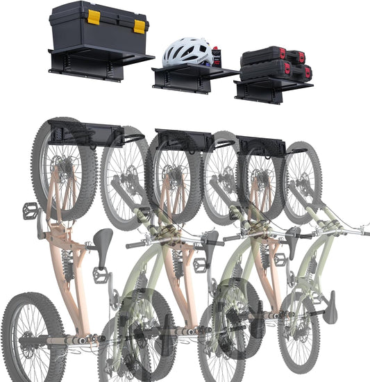 VEVOR Bike Storage Rack, 6 Bike Racks and 3 Helmets Hooks, Wall Mount Bike Storage Hanger with 3 Shelves, Home & Garage Organizer, Customizable for Various Bike Sizes, Holds Up to 300 lbs, 48-inch