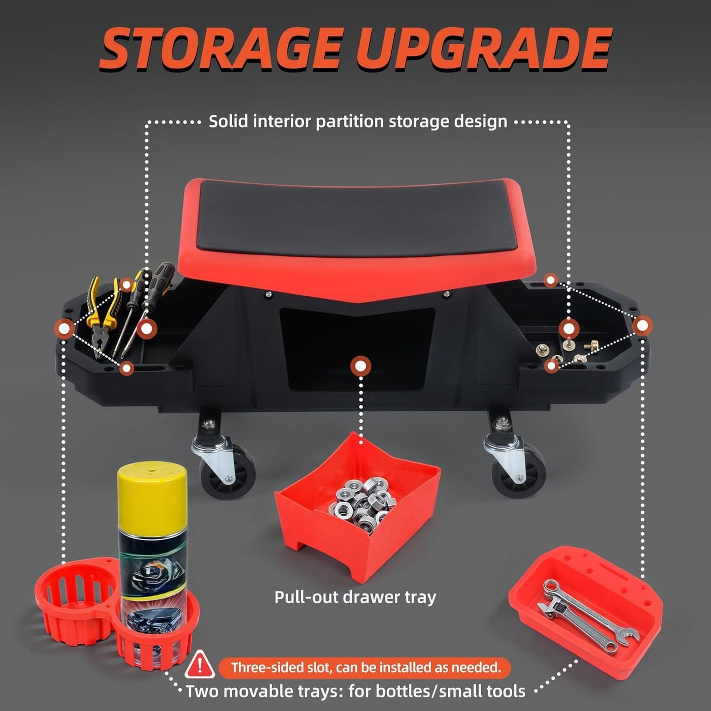 YITAHOME Detailing Stool with Wheels, Mechanics Seat With 2 Removable Trays and Drawer, Heavy Duty Rolling Garage Stool 330 LBS Capacity, Rolling Tool Seat for Automotive Auto Repair Car Wash Upgraded