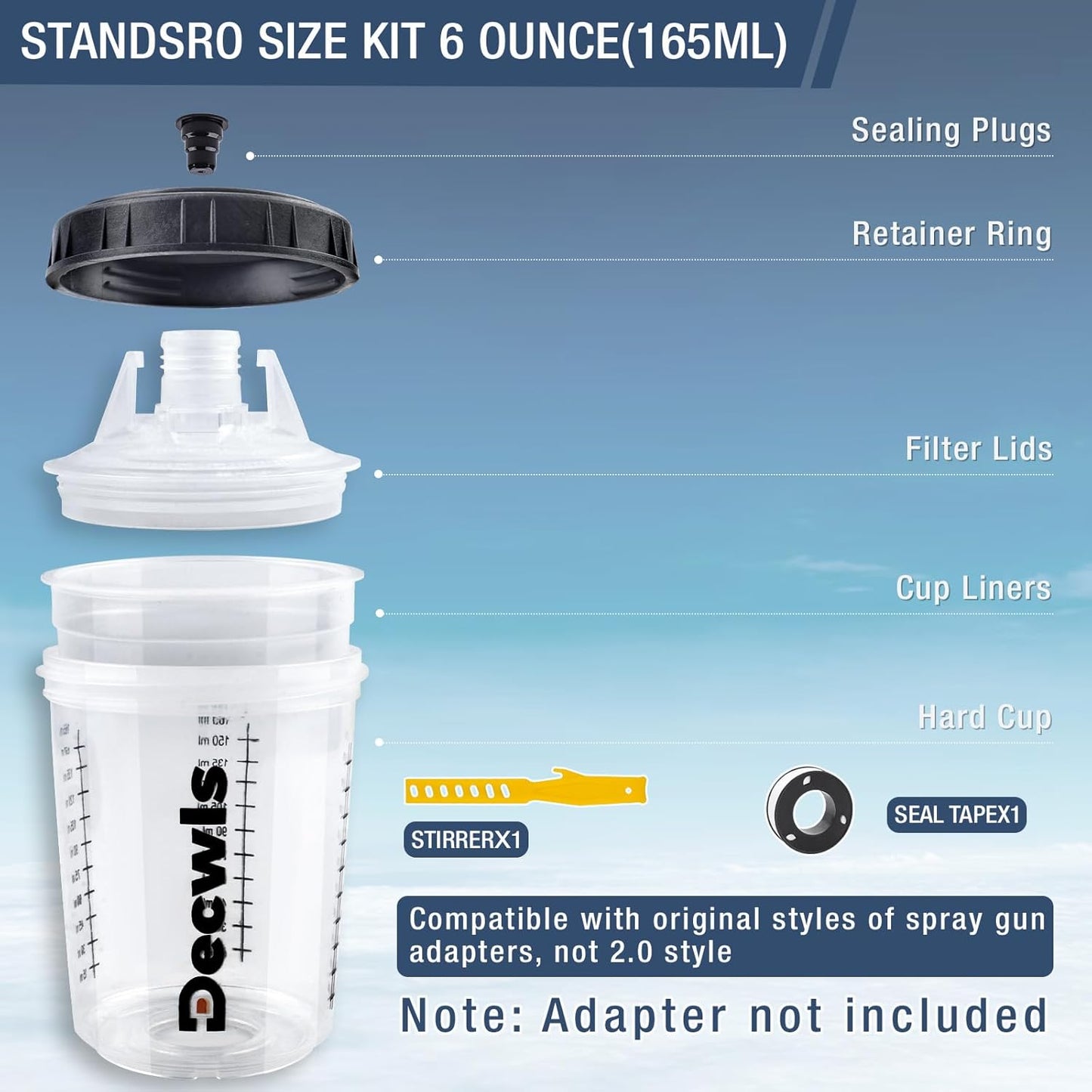 Disposable Paint Cups 6 Ounce(165ml), Mini Paint Mixing Cups with Lid and 30 Pack Paint Cup for Automotive Spray Gun, 125-Micron Filter, 2 Hard Cup with Retainer Ring, 20 Plugs, 1 Stirrer, 1 Seal Tape