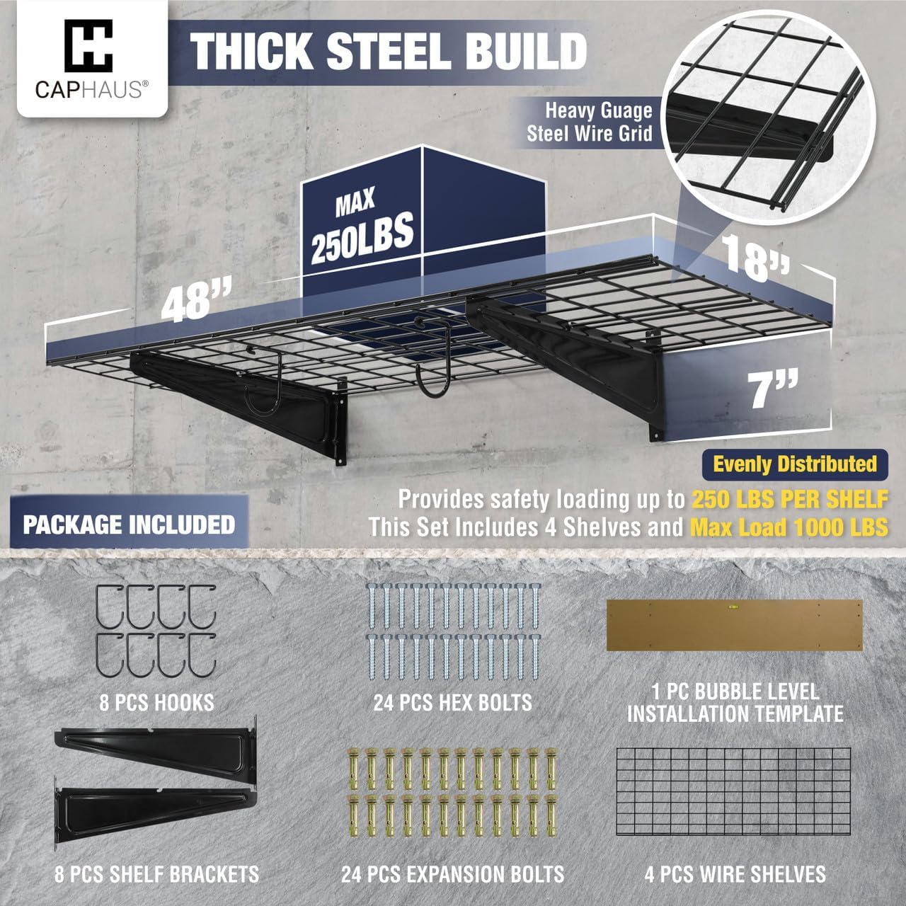 CAPHAUS Garage Wall Shelving, 96 in. W x 18 in. D Wall Mounted Garage Shelves w/ 4 Bike Hooks, Heavy Duty Organizer Shelf for Garage Storage System, Black or White