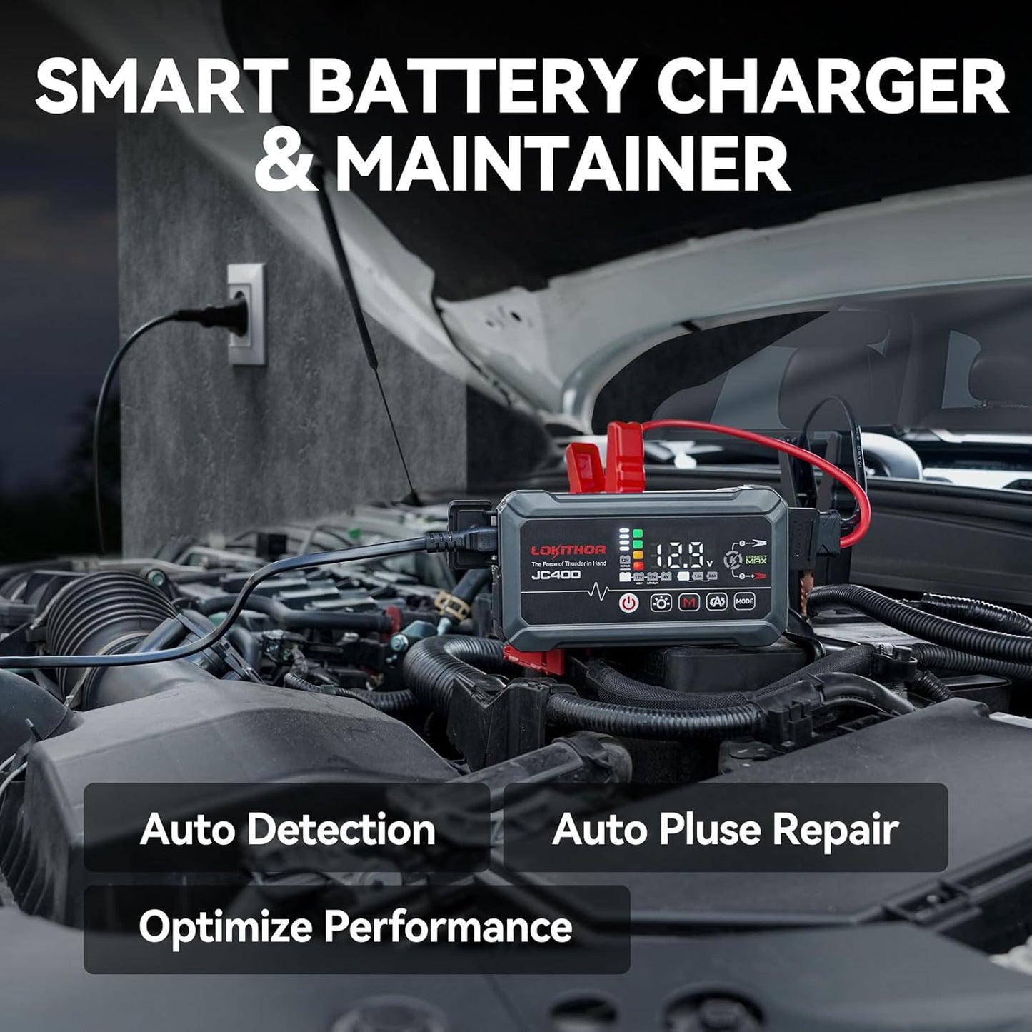 JC400 9-in-1 Battery Charger and Jump Starter, 2500A 12V Portable Jump Box for Car Upto 8.5L Gas/6.5L Diesel, 750mA/1A/2A, 6V/12V Automotive Battery Maintainer, Trickle Charger and Desulfator