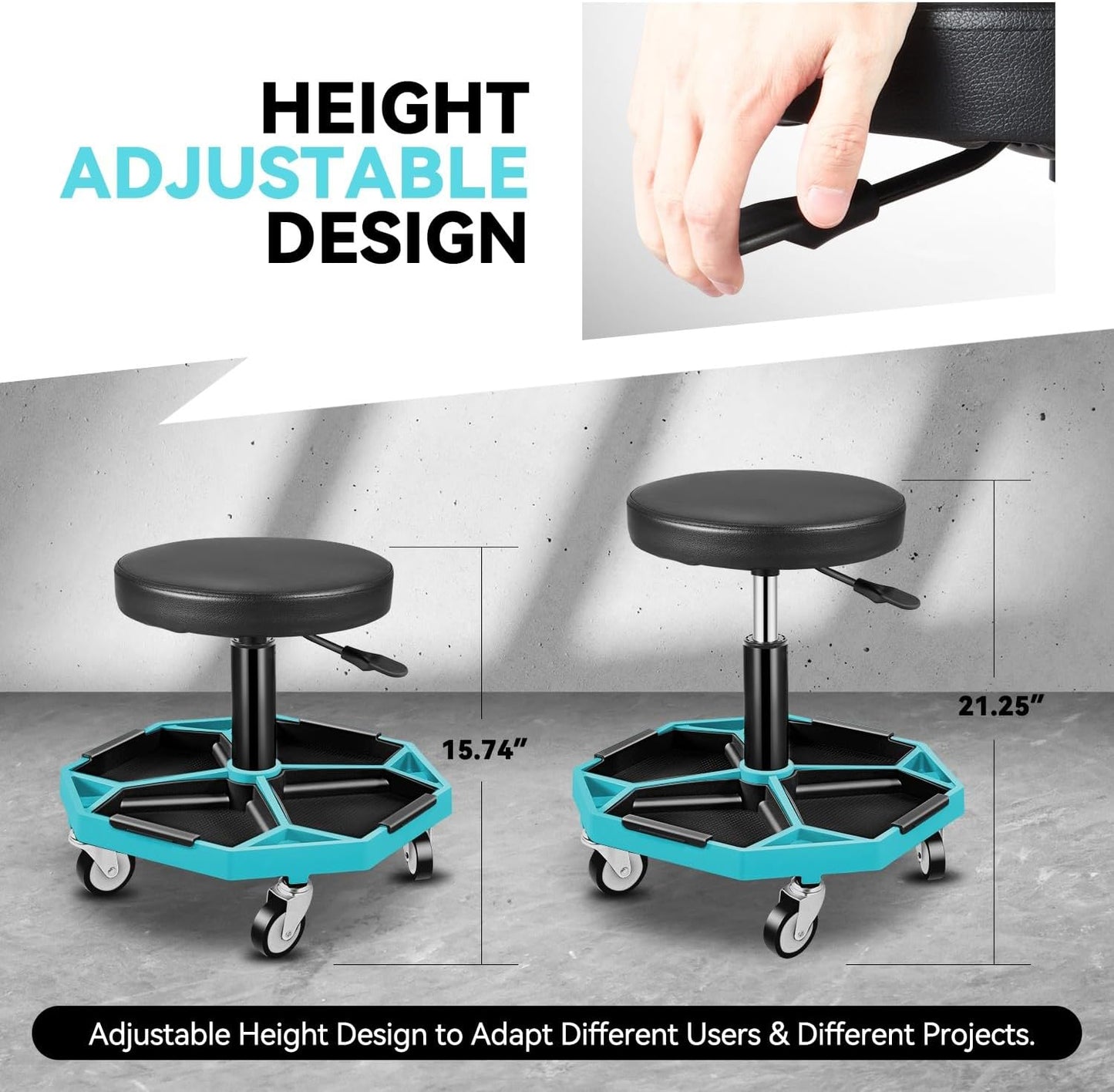 Auto Dynasty Mechanic Stool, Adjustable Rolling Pneumatic Creeper Garage Shop Seat with Tool Tray, 300 LBS Roller Seat for Workshop Auto Repair, Adjustable Height 15.7" to 21", Sky Blue