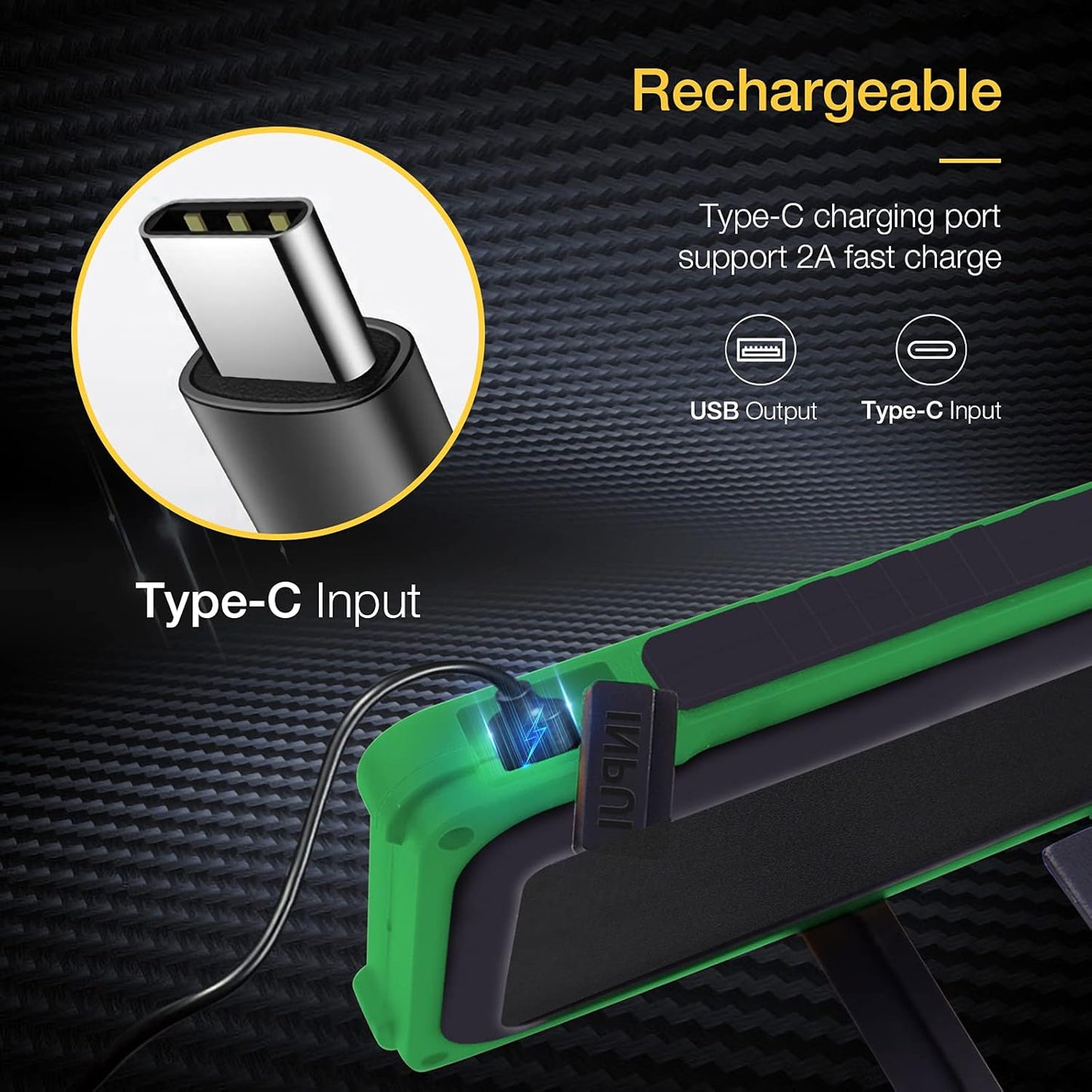 WARSUN Led Rechargeable Portable Magnetic Waterproof Solar Flood Light for Outdoor Camping Hiking Emergency Car Repairing (USB Charging, Green)