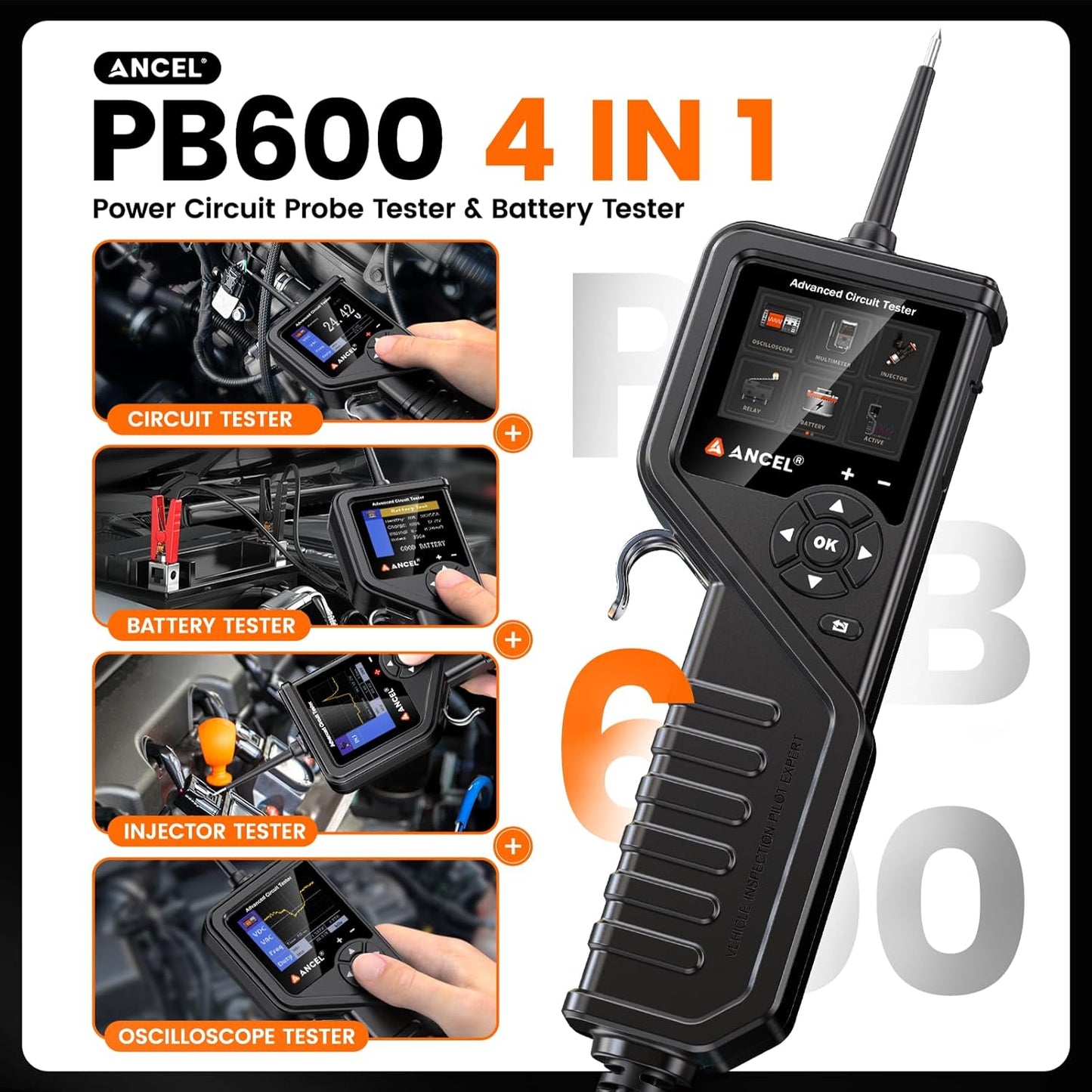 ANCEL PB600 Power Circuit Probe Tester with Battery, Relay, Injector Test, 8-35V Automotive Electrical Circuit Tester, Multimeter/Oscilloscope/Ohmmeters Power Circuit Probe Kit, 30FT Cable