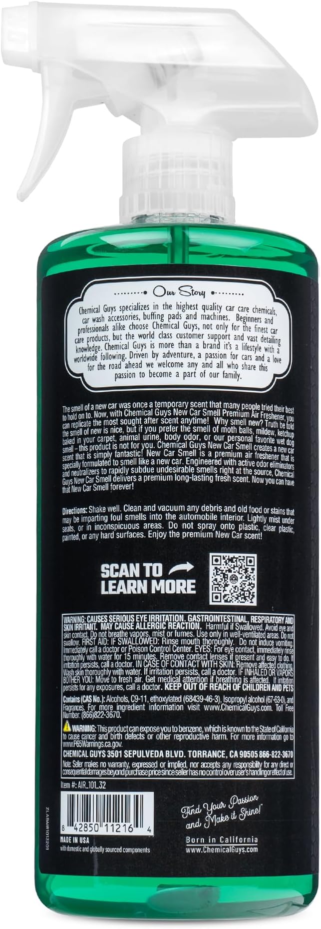 Chemical Guys New Car Smell Premium Air Freshener & Odor Eliminator - Fresh Interior Scent Spray for Cars, Trucks, SUVs, RVs, & More - Use in Home, Office, or Garage, Dorm Room - 32 oz