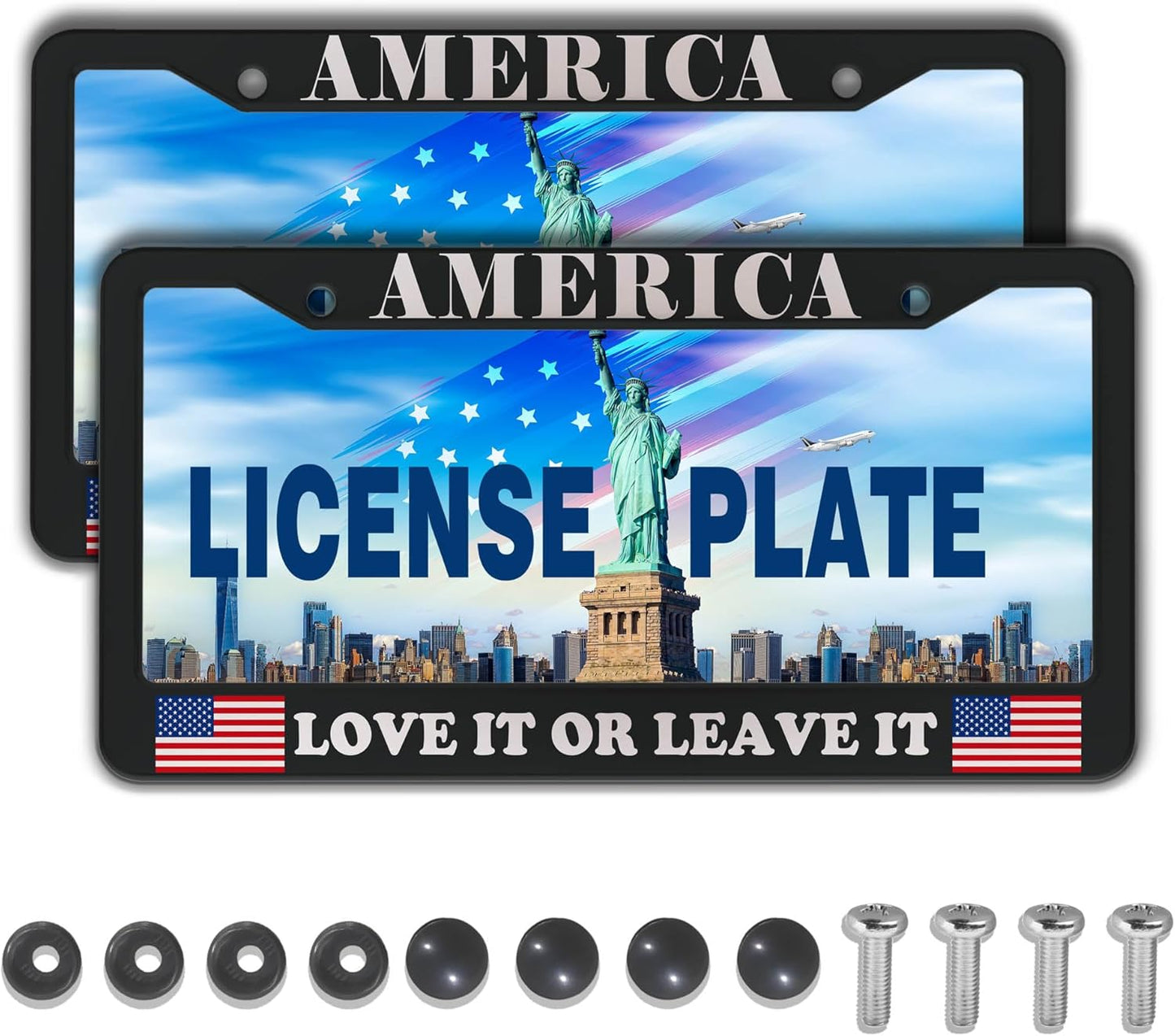 License Plate Frames Black and White License Plate Frame America Love It or Leave It USA Flag Aluminum Metal Car Accessory 2 Pack with Screw Covers Set