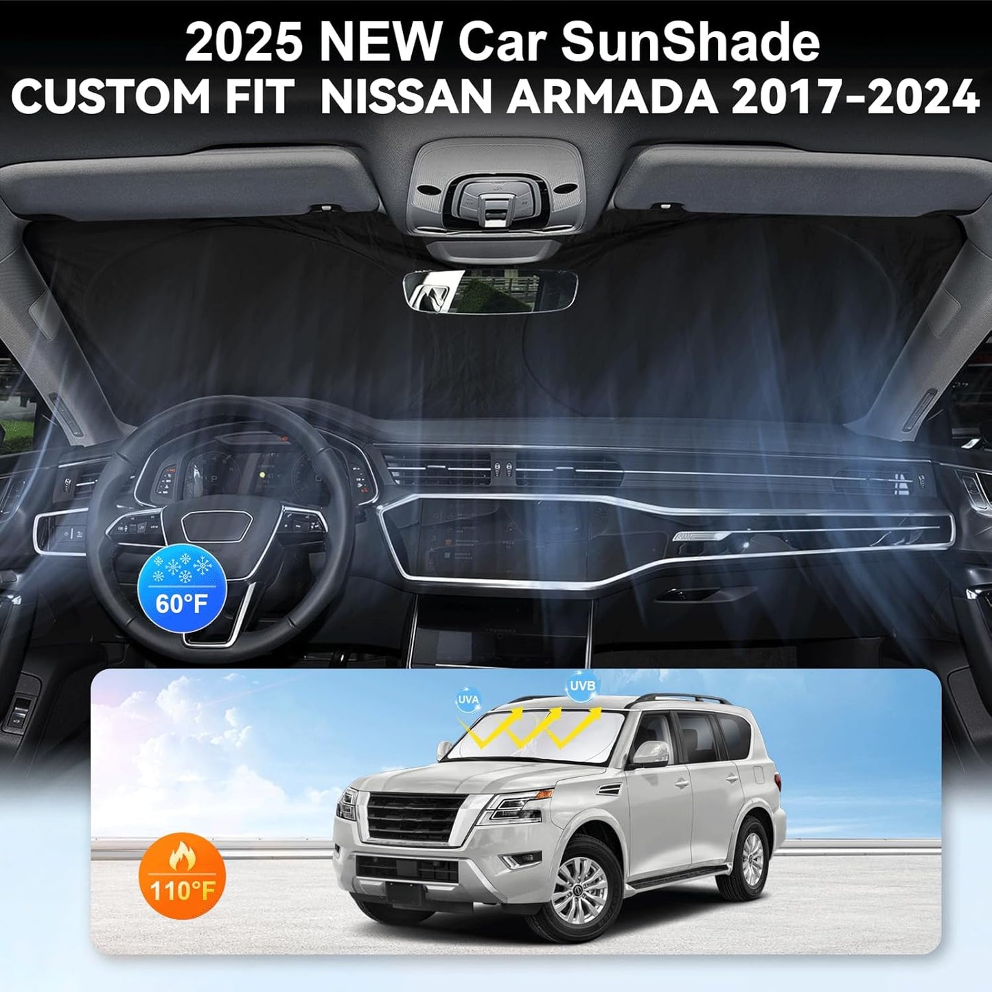 Custom Fit Armada Windshield Sunshade for 2017-2024 2025 Nissan Armada Accessories Front Window Car Shades Shield Cover for Windshield 210T Silver Coating Sun Visor Protector Reflector Blocks UV
