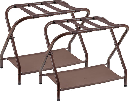 Heybly Luggage Rack, Pack of 2, Steel Folding Suitcase Stand with Storage Shelf for Bedroom, Hotel, Foldable Steel Frame, Guest Room Bedroom Hotel, 26.2" L x 14.4" W x 20.5" H, Brown HLR004Z2