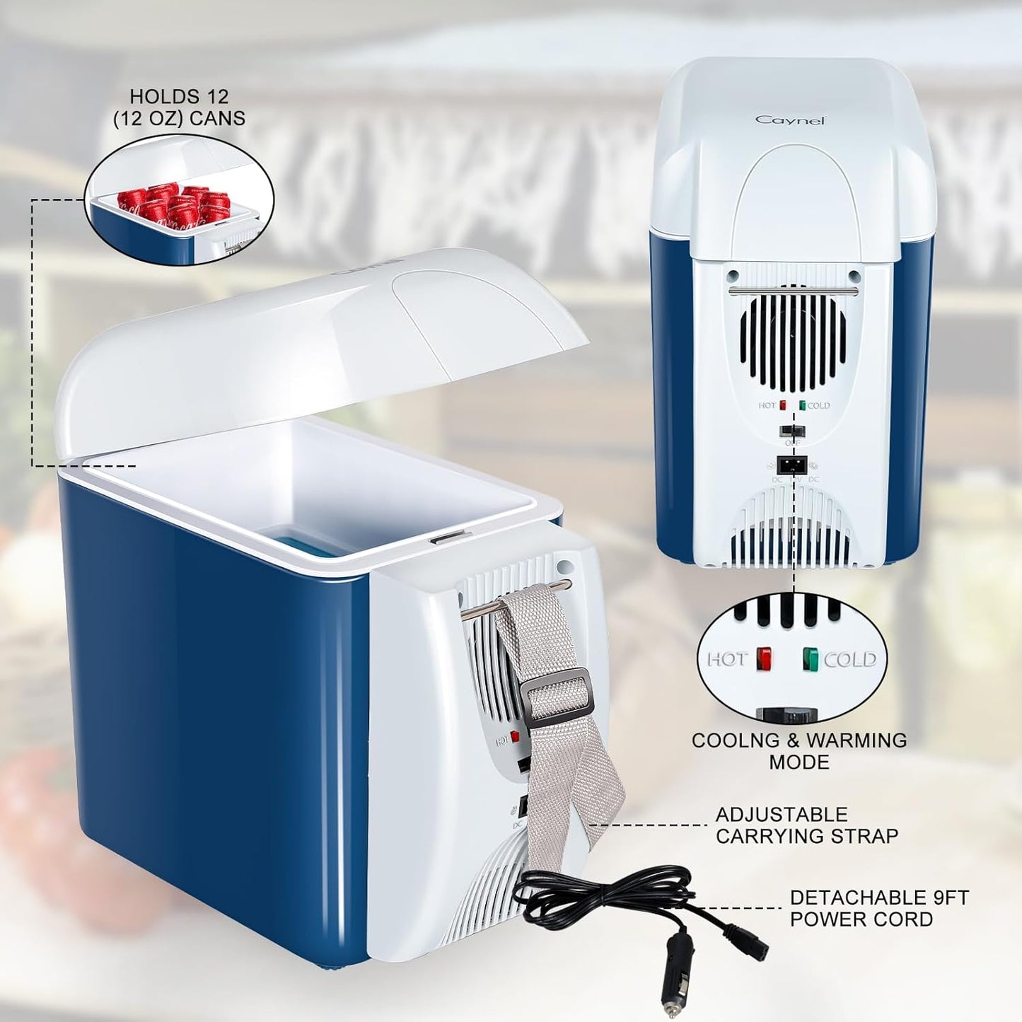 CAYNEL 12V 7.5 Quart Personal Thermoelectric, 7.5 Liter Capacity, Portable Electric Cooler Warmer with 12V DC, Small Fridge for Car, RV, and Camping Use