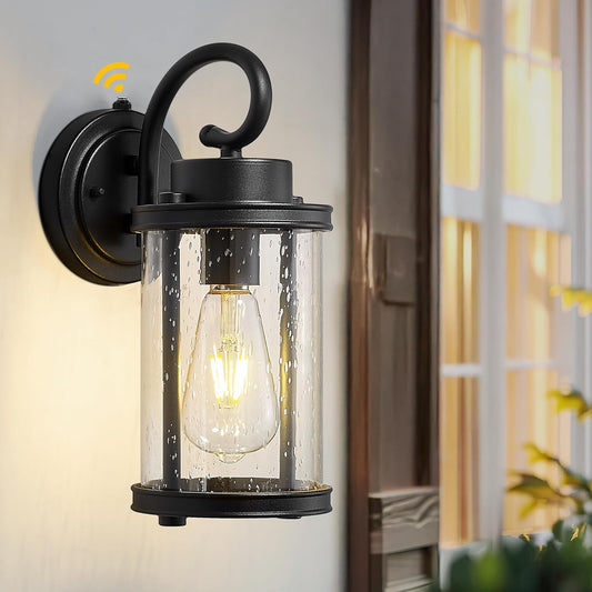 kudos Dusk to Dawn Outdoor Lighting, 12.5 inch Porch Lights Outdoor, Anti-Rust Waterproof Cylinder Wall Light for Patio, Garage, Black with Seeded Glass, KDOWL01-BK-LC