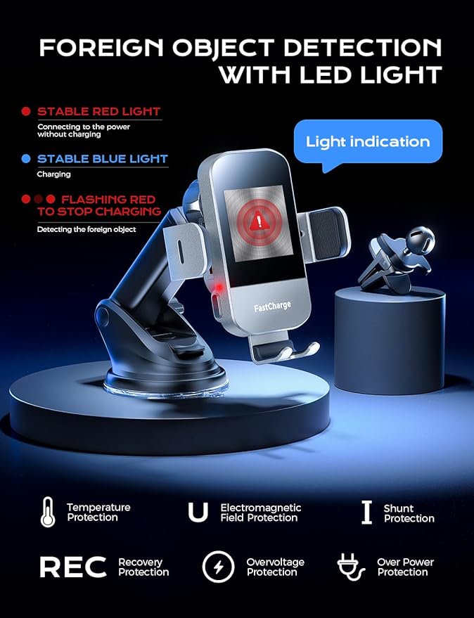 CHGeek Wireless Car Charger, 15W Fast Charging Auto Clamping Car Charger Phone Mount Phone Holder fit for iPhone 15 14 13 12 11 Pro Max Xs, Samsung Galaxy S25 Ultra S24 S23 S22, S21, S20, Silvery