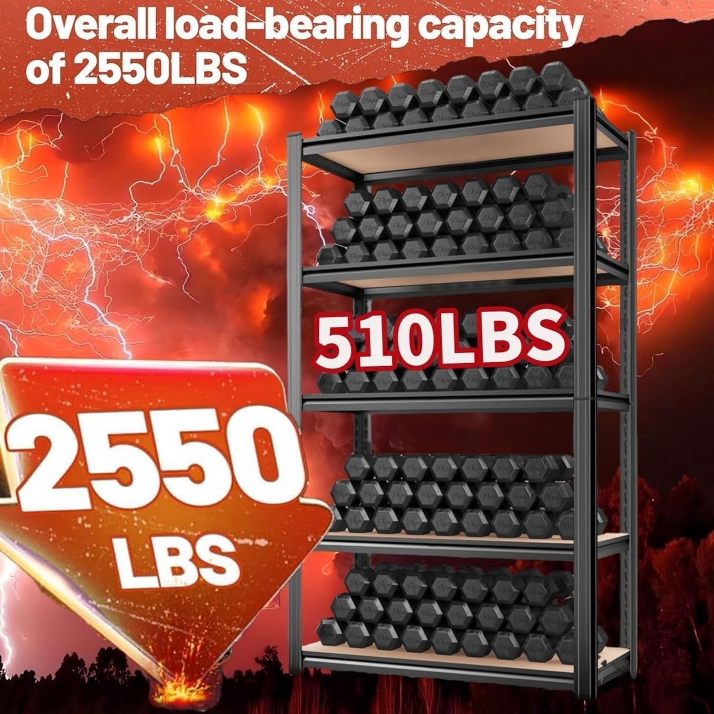 Garage Shelving Unit, 2550Lbs Heavy Duty 5-Tier Metal & Wood Adjustable Storage Rack, Black, 72”H x 35.4”W x 15.8”D, for Garage, Basement, Warehouse, Utility Storage