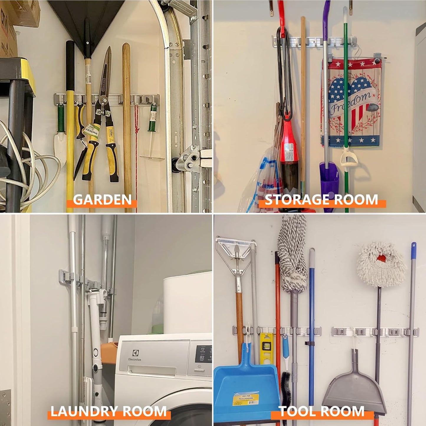 Broom Holder Wall Mount Mop and Broom Hanger Wall Mounted Garage Storage Rack Kitchen Garden Tool Organizer (4 Racks with 5 Hooks, Silver)