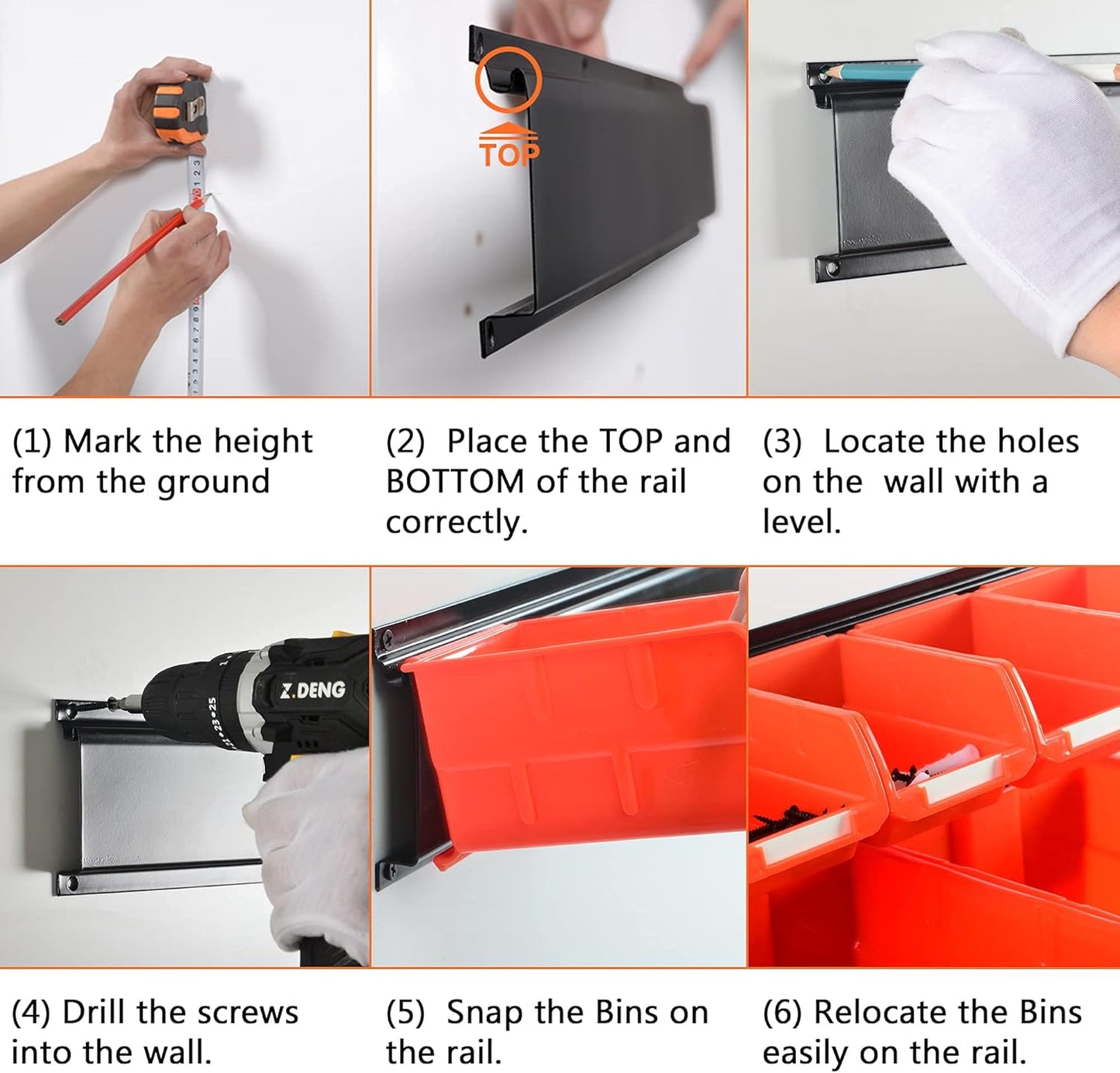 Wallmaster Wall Mounted Storage Bins, Wall Storage Bins Parts Rack 10 Bins&3 Rails Wall Mount Tool Organizer Hardware Storage Organizer (Orange)